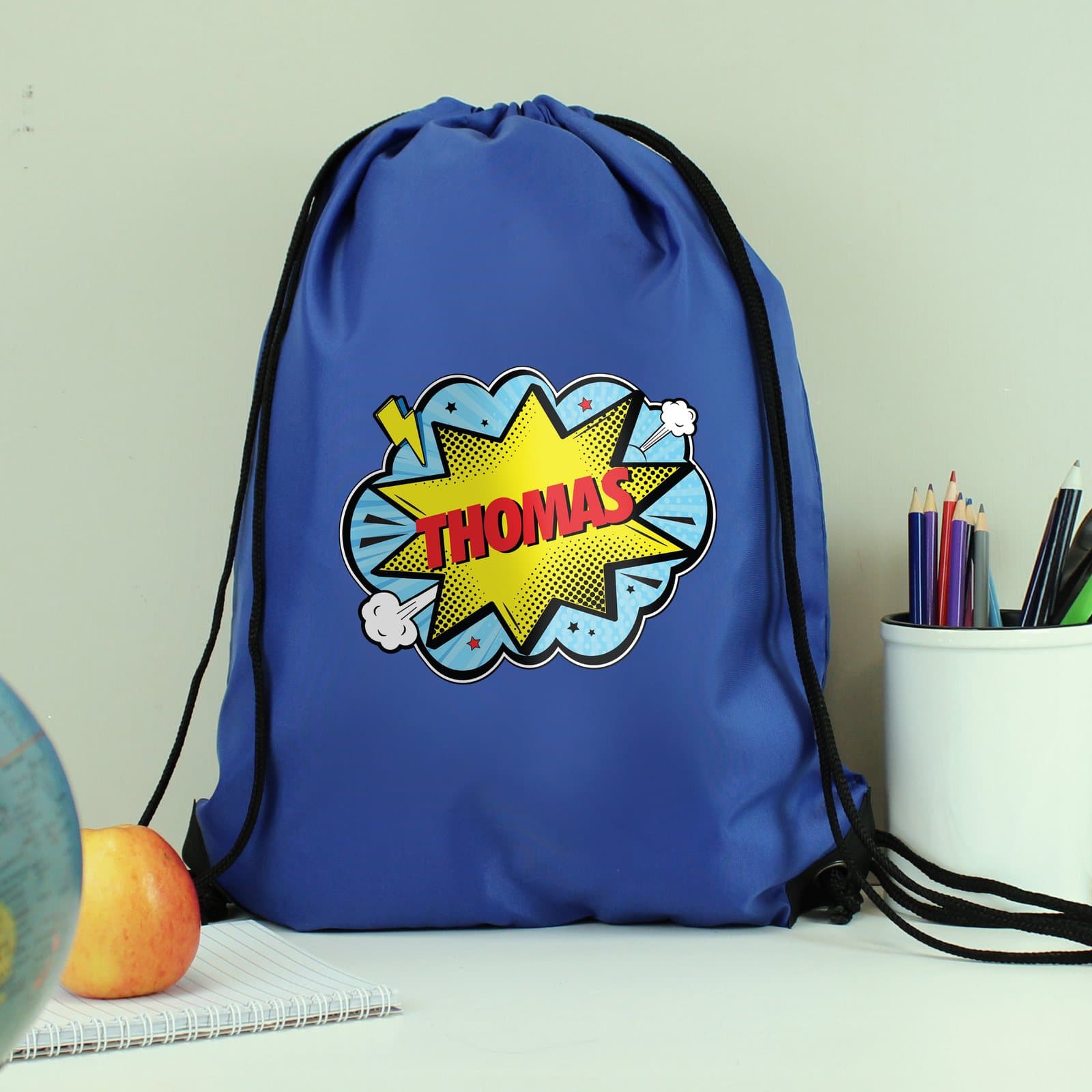 Blue superhero drawstring kit bag with shoulder straps
