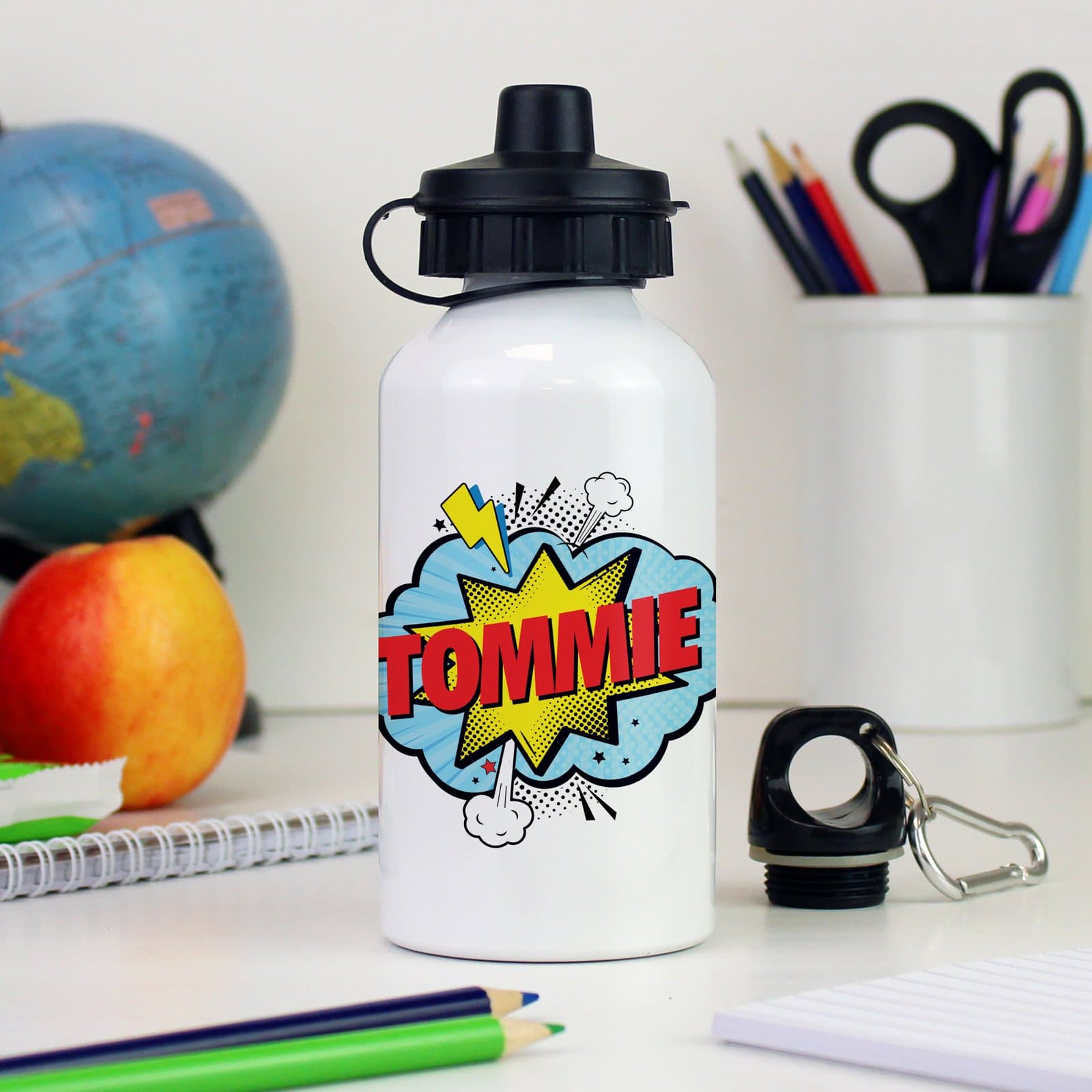 Personalised superhero drinks bottle in aluminium and plastic