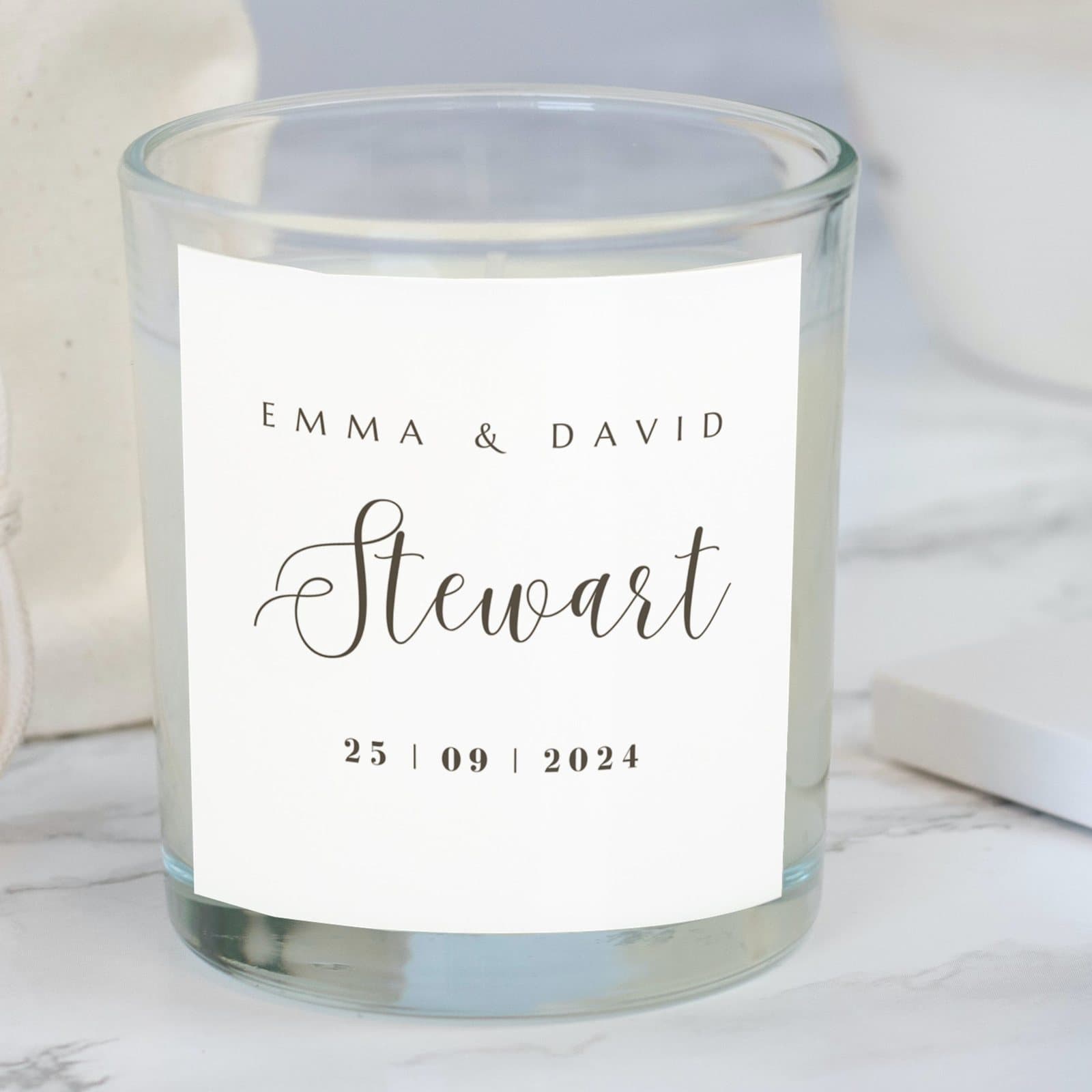 Personalised surname wedding candle gift set presented in a gift box
