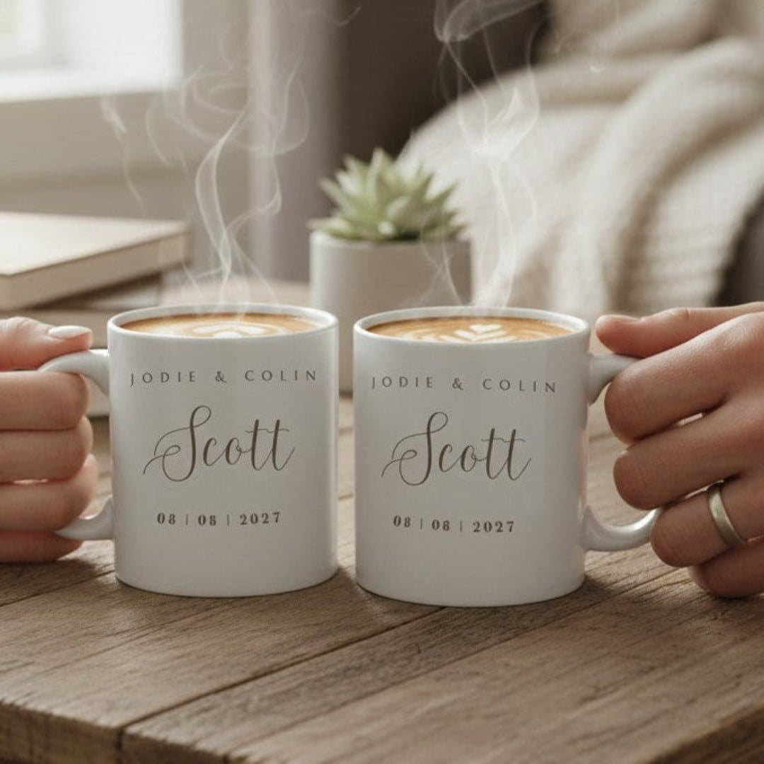 Personalised surname wedding mugs gift set with the design printed on both sides