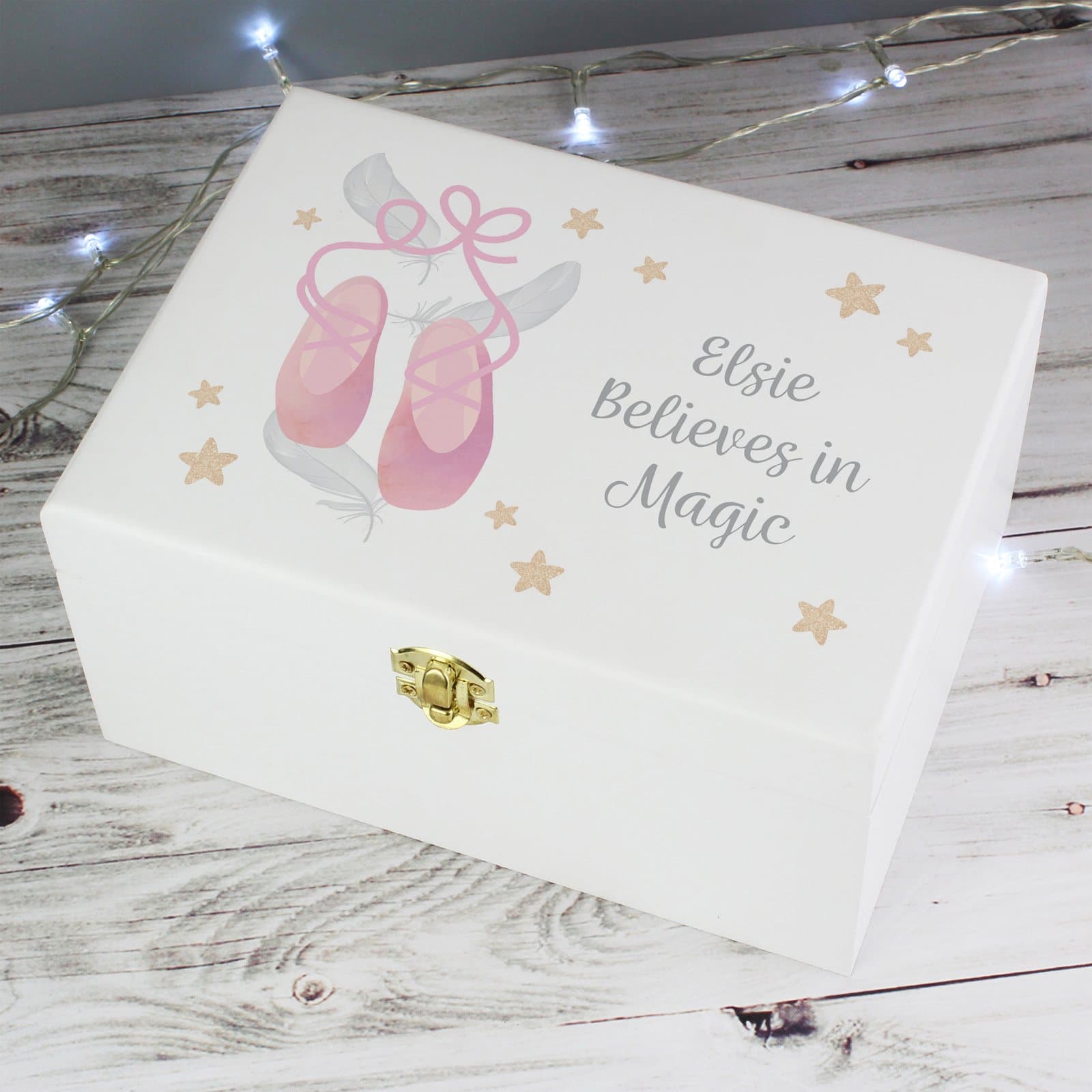 White wooden keepsake box with a Swan Lake ballet design