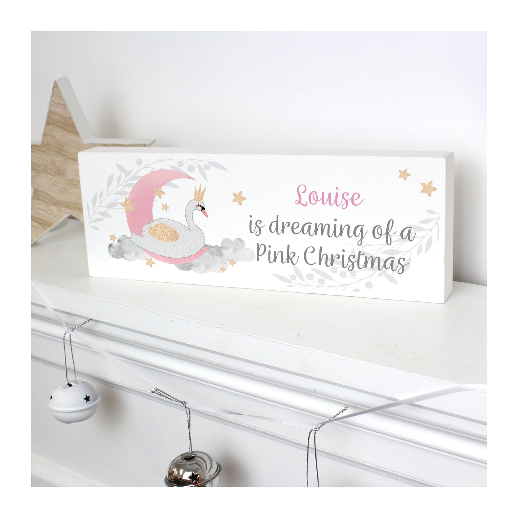 Solid wood block sign with a Swan Lake design and three lines of personalised text