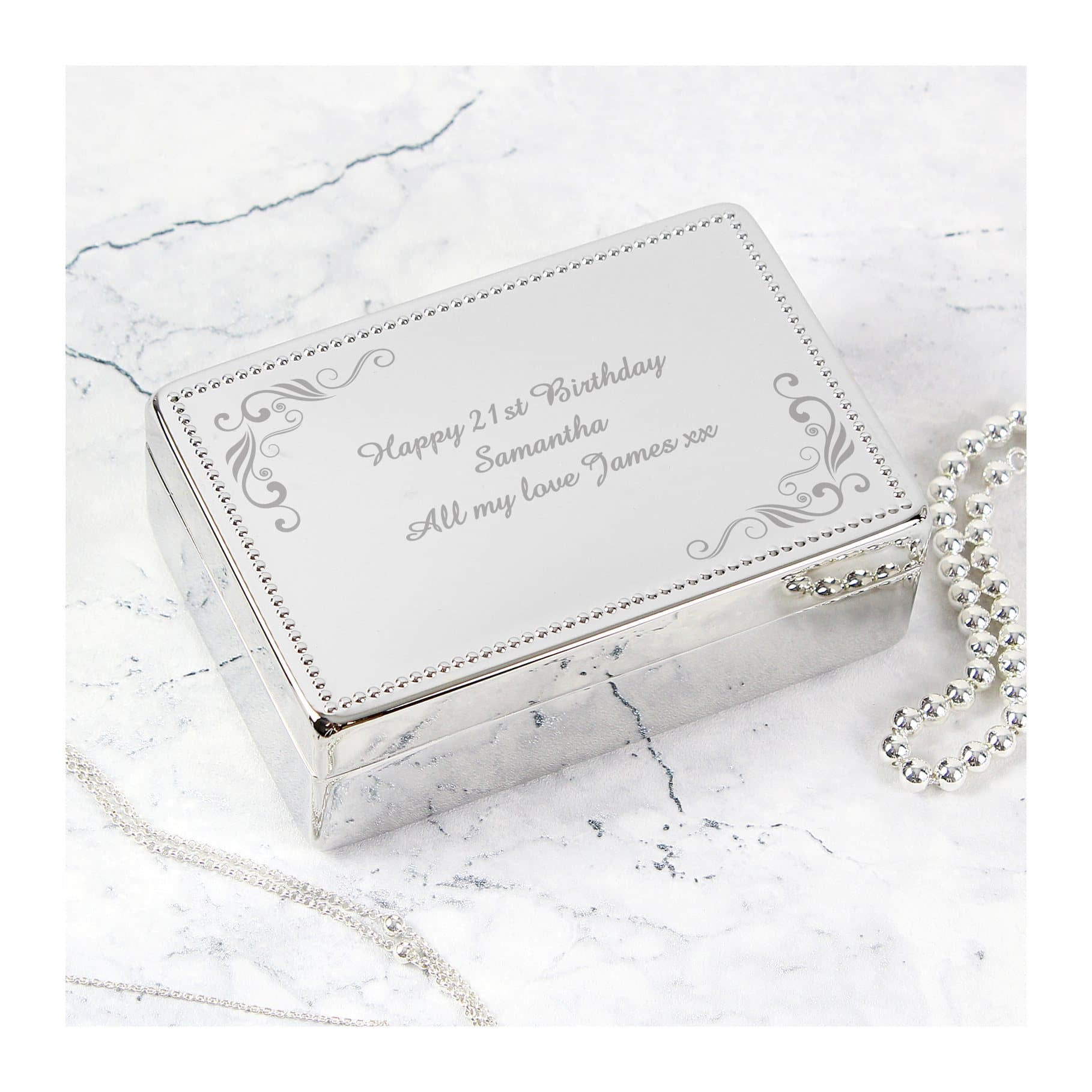 Rectangular nickel plated jewellery box with a swirl design and personalised message