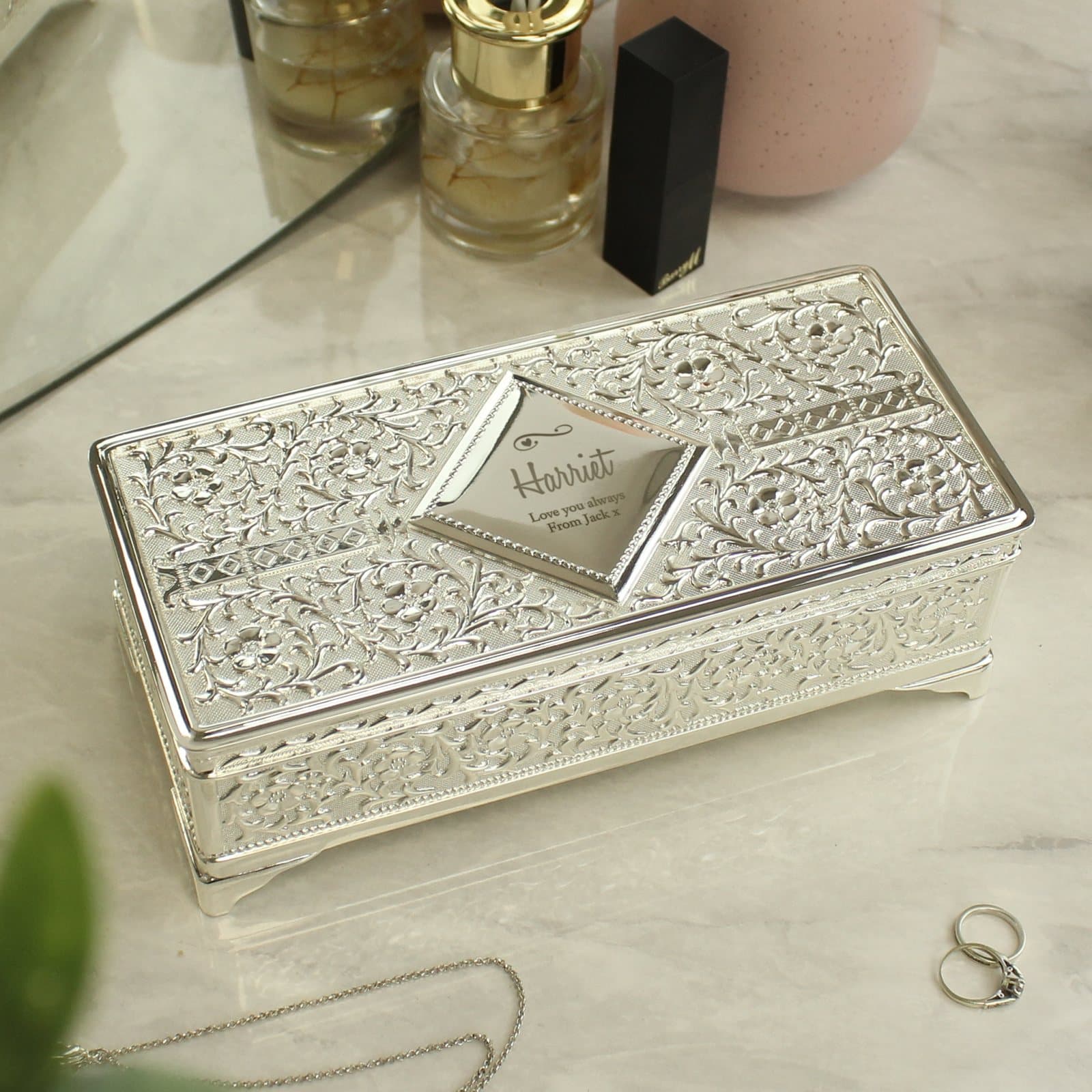 Antique silver plated jewellery box with swirls and hearts and a personalised centre