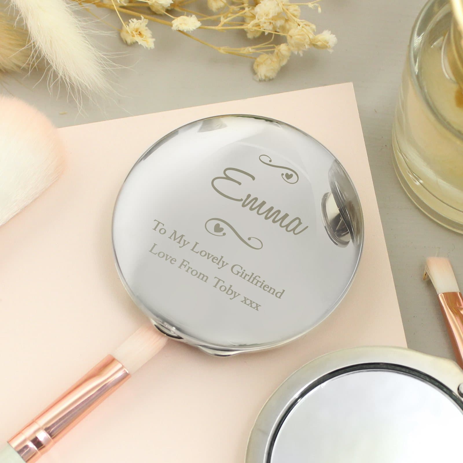 Swirls and hearts compact mirror personalised with a name and message