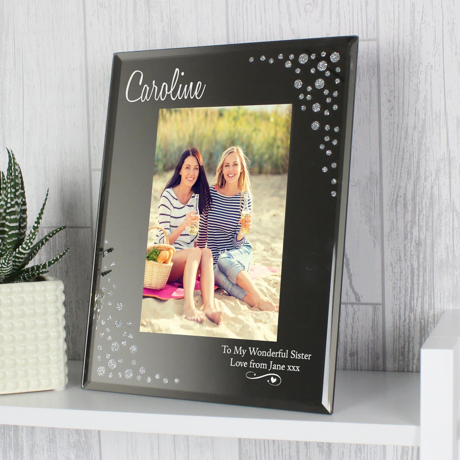 Portrait glass photo frame with swirls, hearts and diamante and a mirrored effect