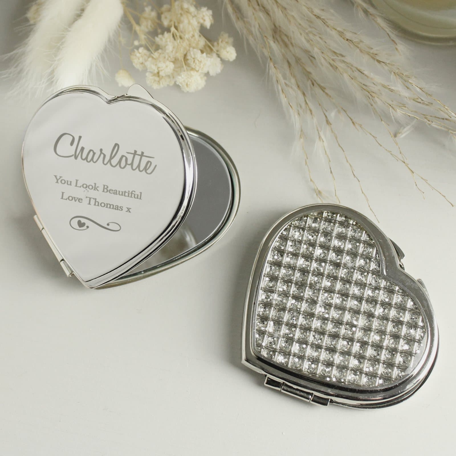 Diamante heart compact mirror personalised with a name and two lines