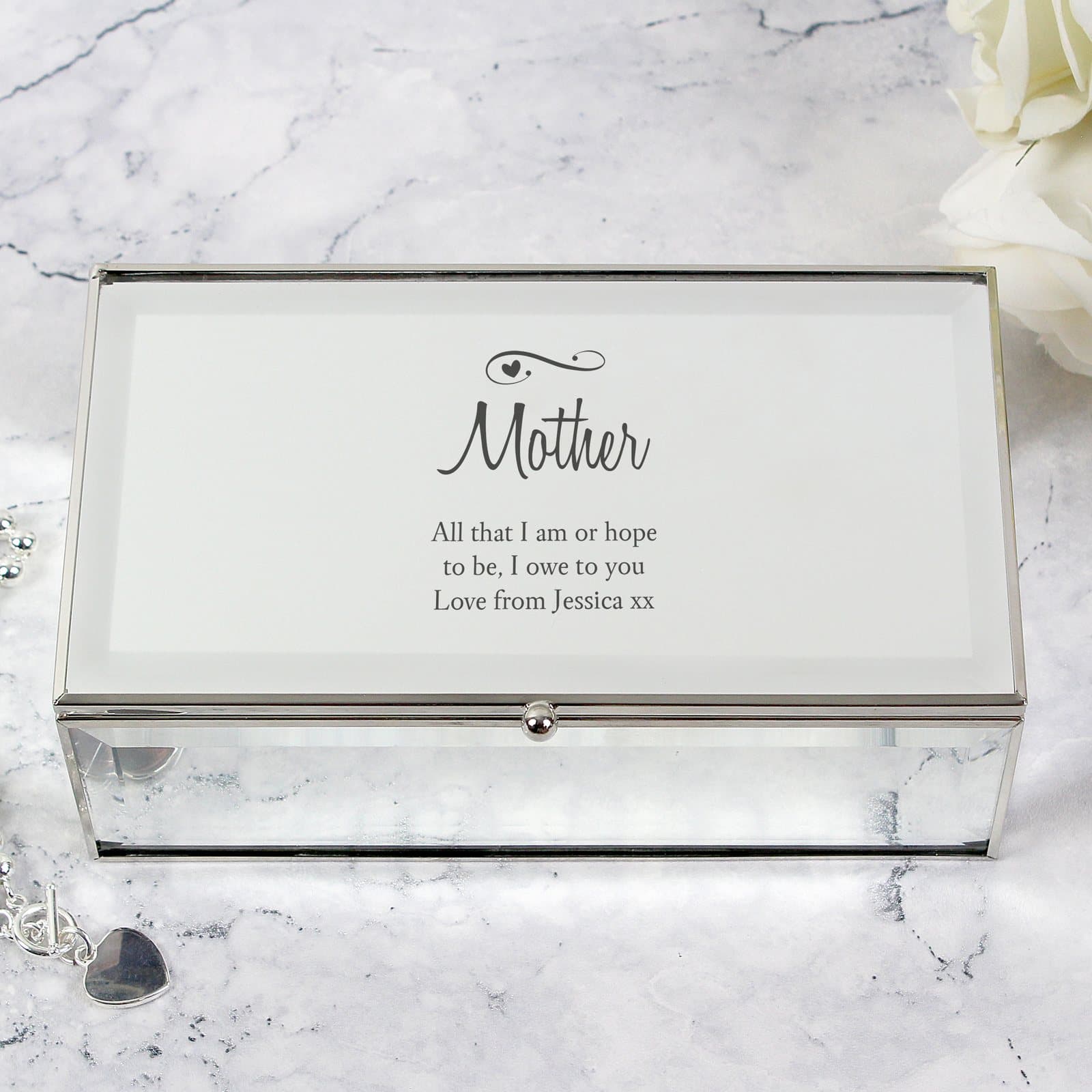 Mirrored jewellery box with hearts and swirls design personalised with a message