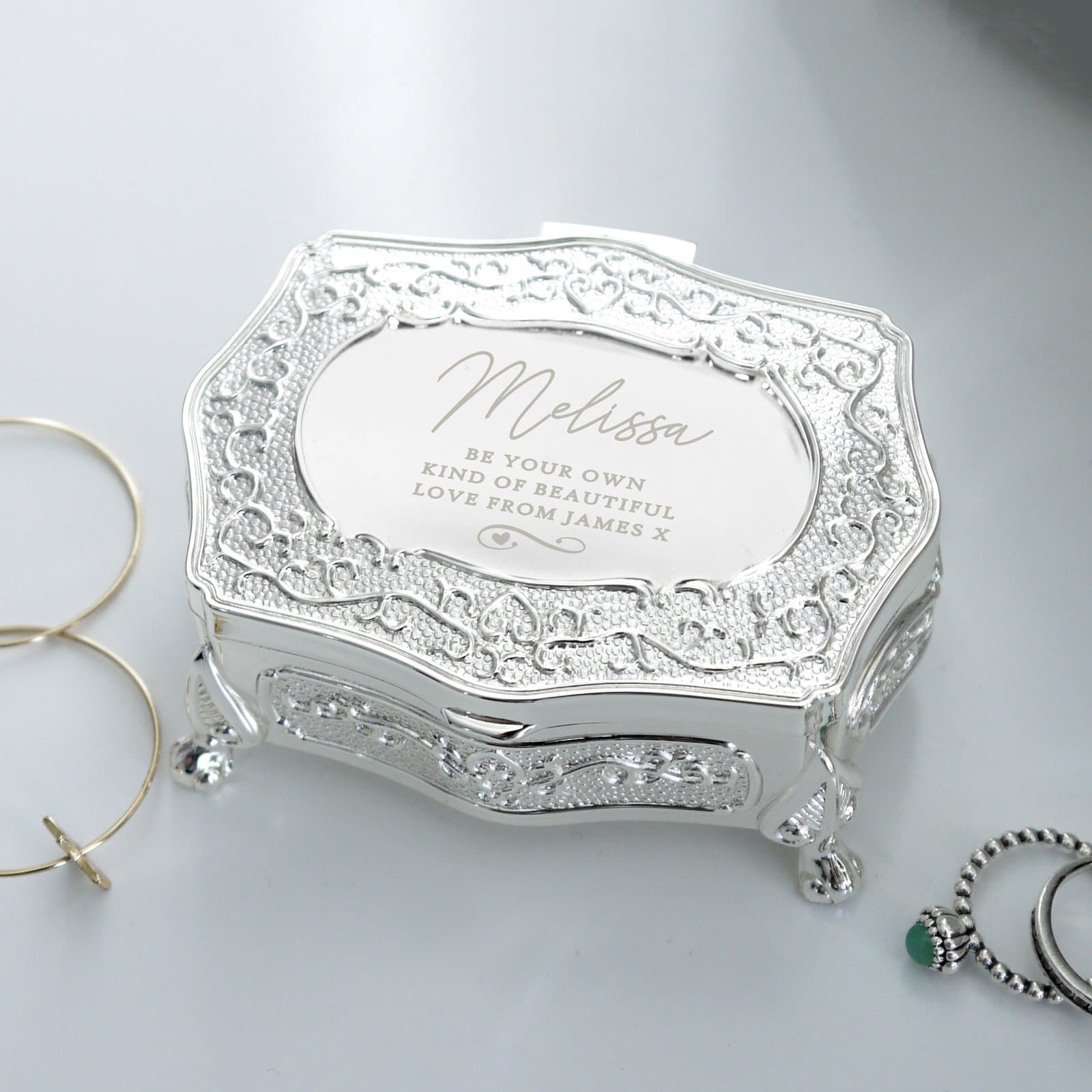Small antique trinket box with swirls and hearts and a personalised name
