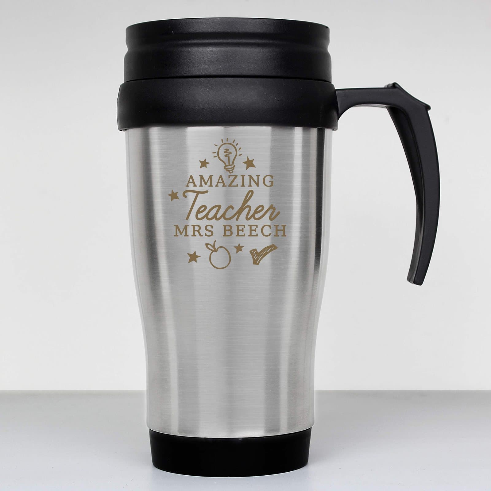 Stainless steel travel mug with fixed teacher wording and a name