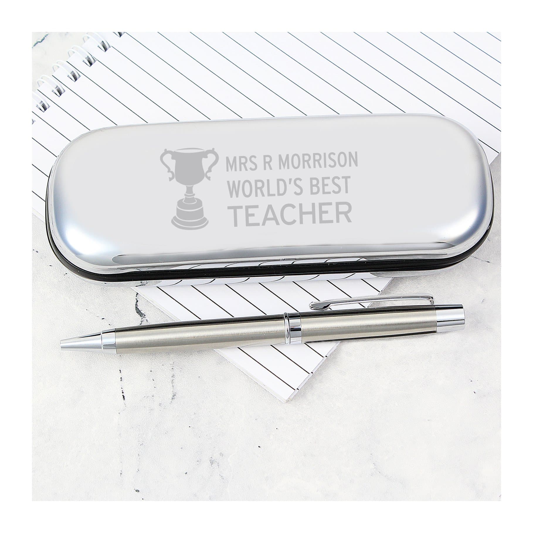 Personalised teacher trophy pen and box set with a chrome plated pen