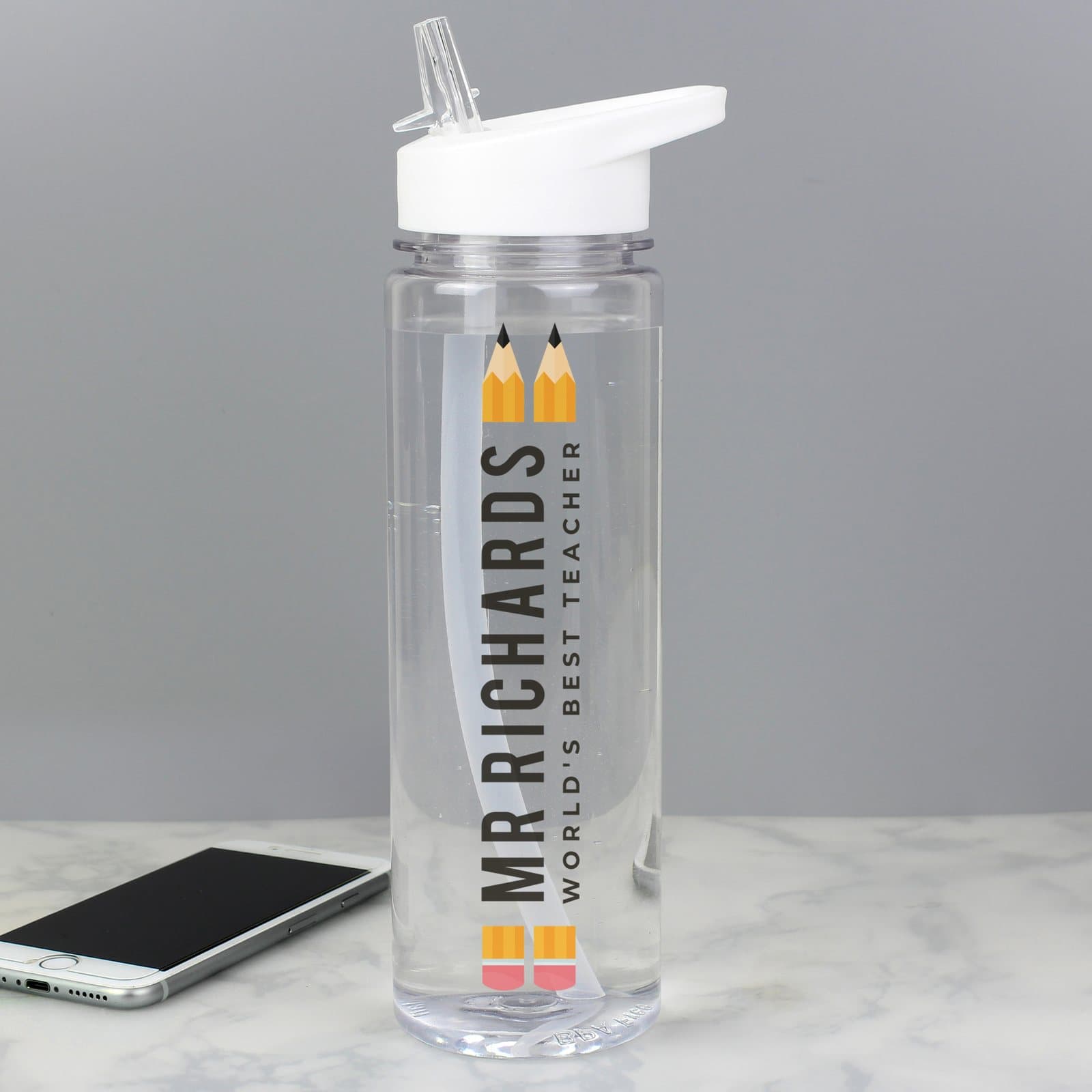 Personalised teacher water bottle with white lid, flip-top spout and straw