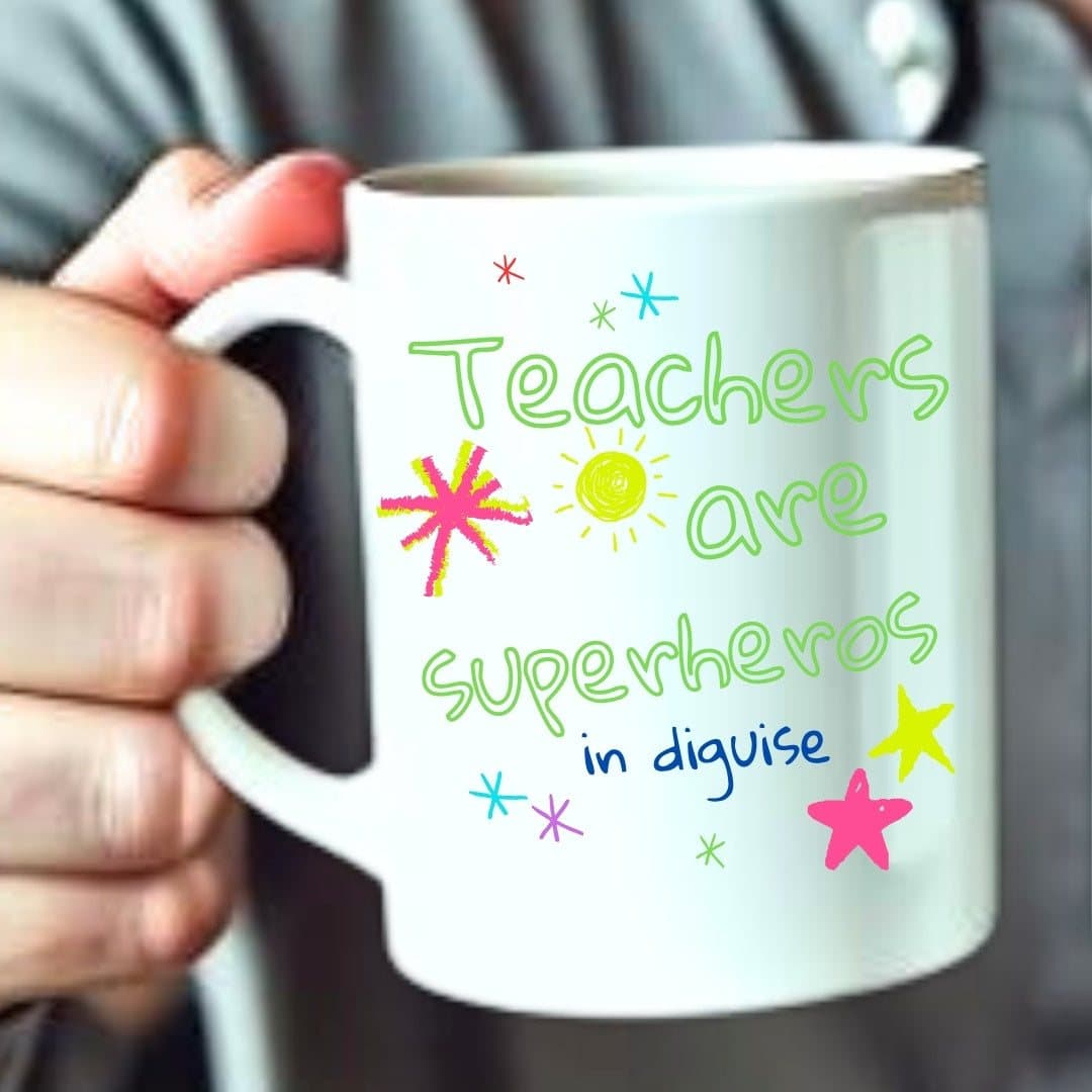 Personalised teacher mug with a teacher-themed superhero design
