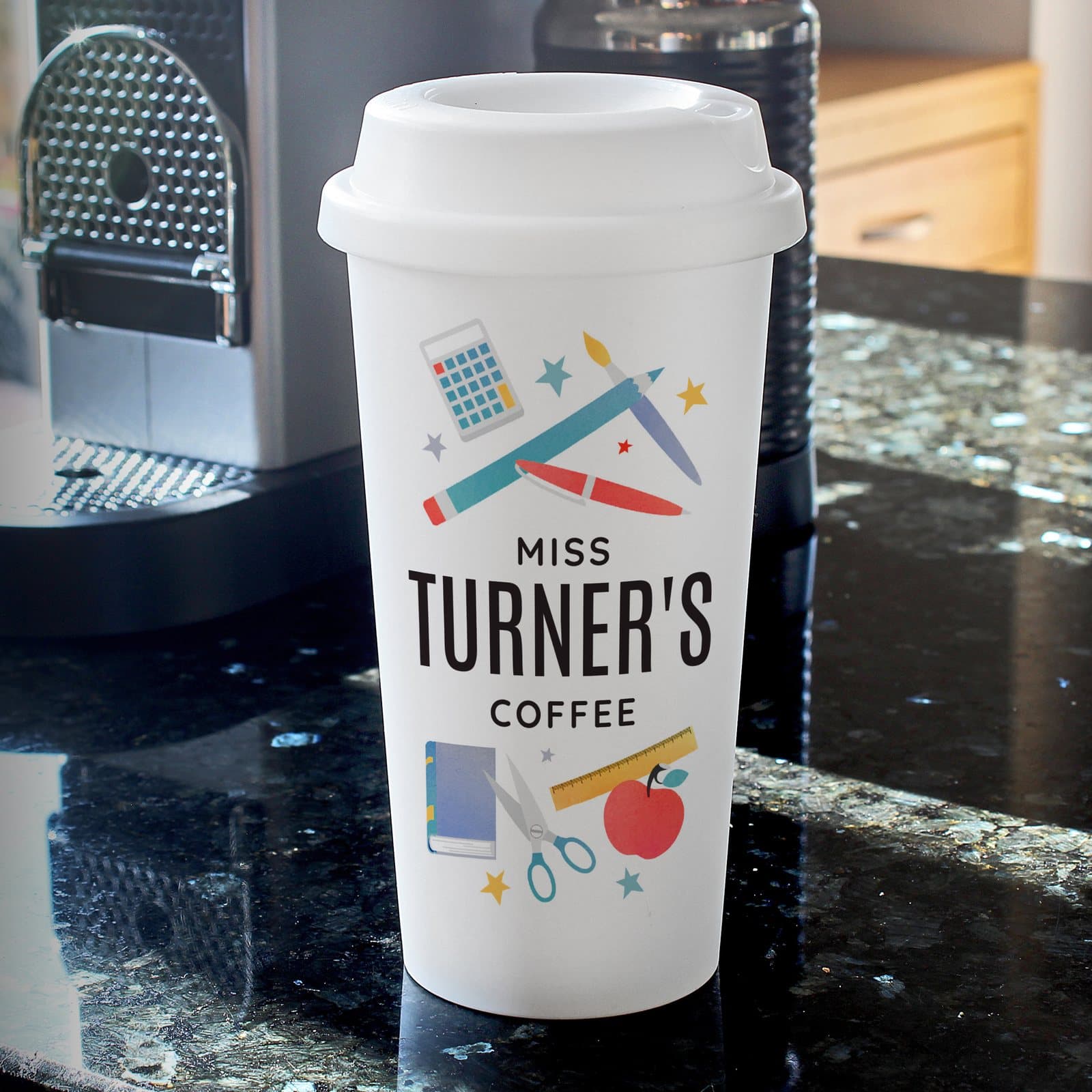 Plastic travel cup with screw-on lid for teachers