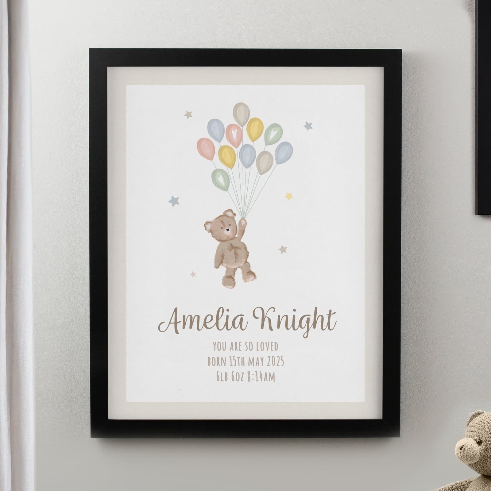 Black or white frame with a teddy and balloon print and personalised text