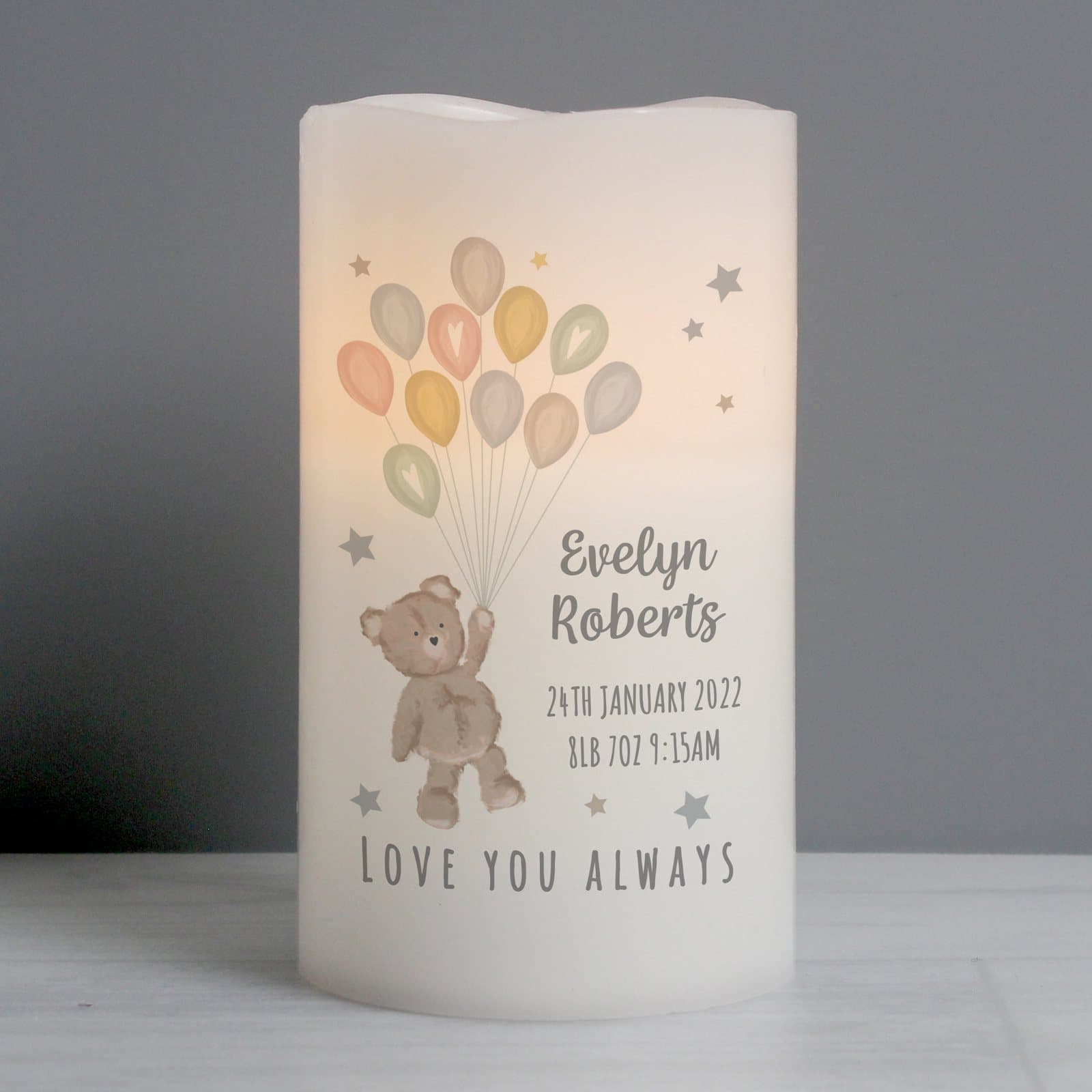 Personalised Teddy & Balloons nightlight LED candle in an organza bag