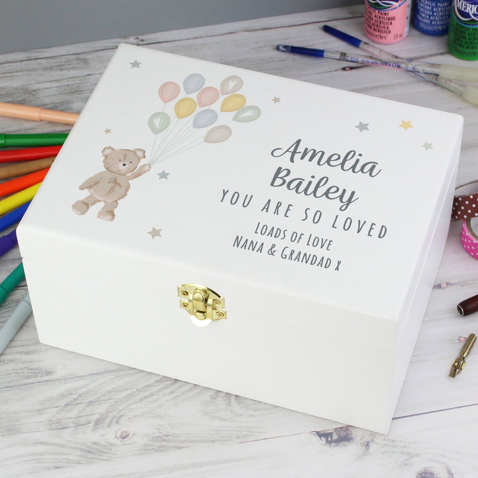 White hand painted wooden keepsake box with teddy and balloons and a metal clasp
