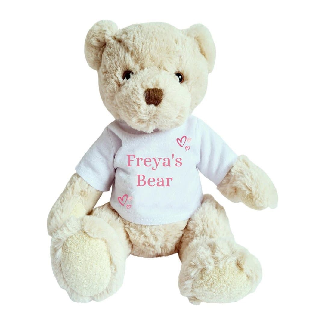 Teddy bear wearing a printed T-shirt with pink hearts and a name