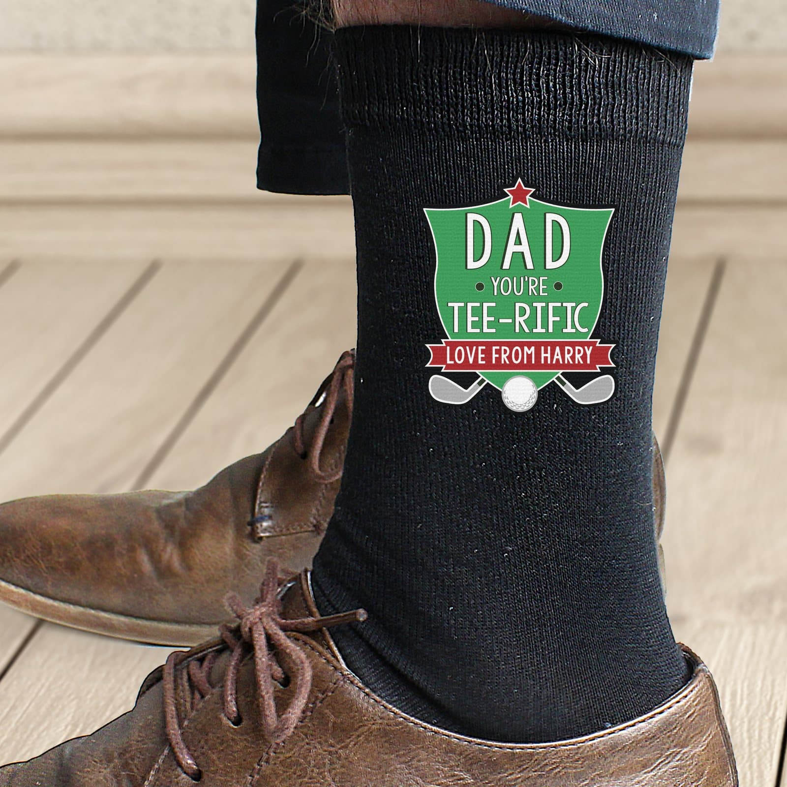Men's golf socks personalised with a name and the words You're Tee-Rific