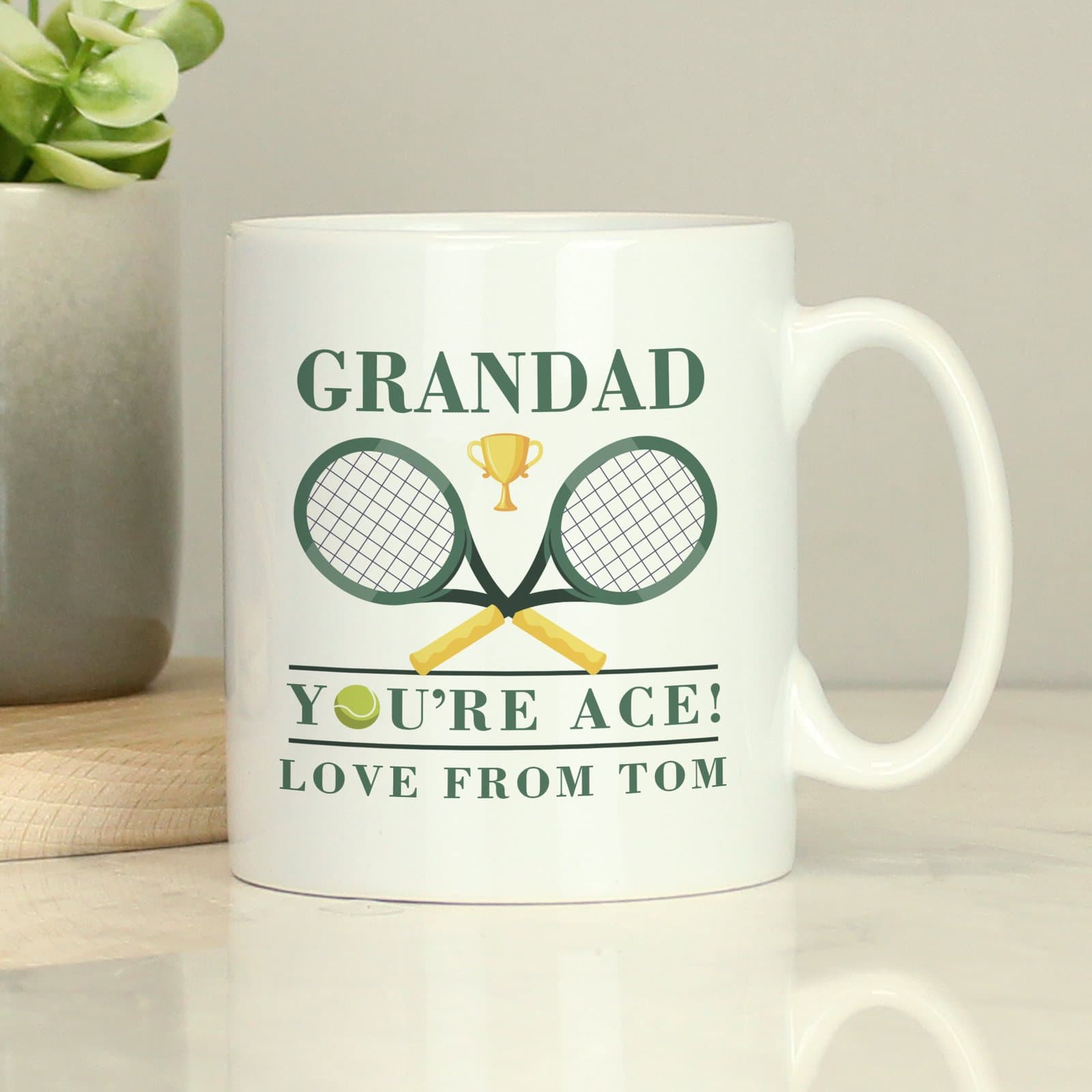 Personalised ceramic tennis mug with a name and the words You're Ace