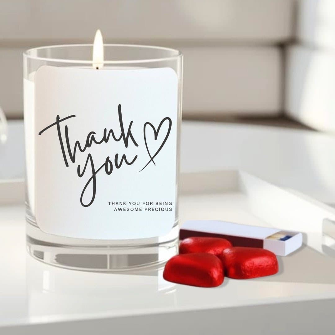 Personalised thank you candle with red foiled chocolate hearts and matches.