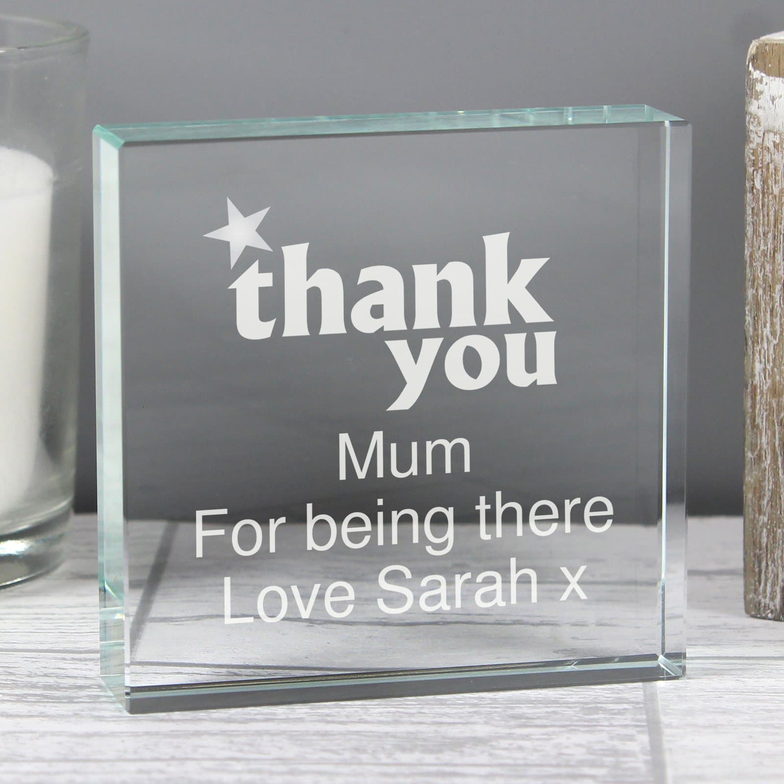Square crystal token with Thank you wording and three lines of text