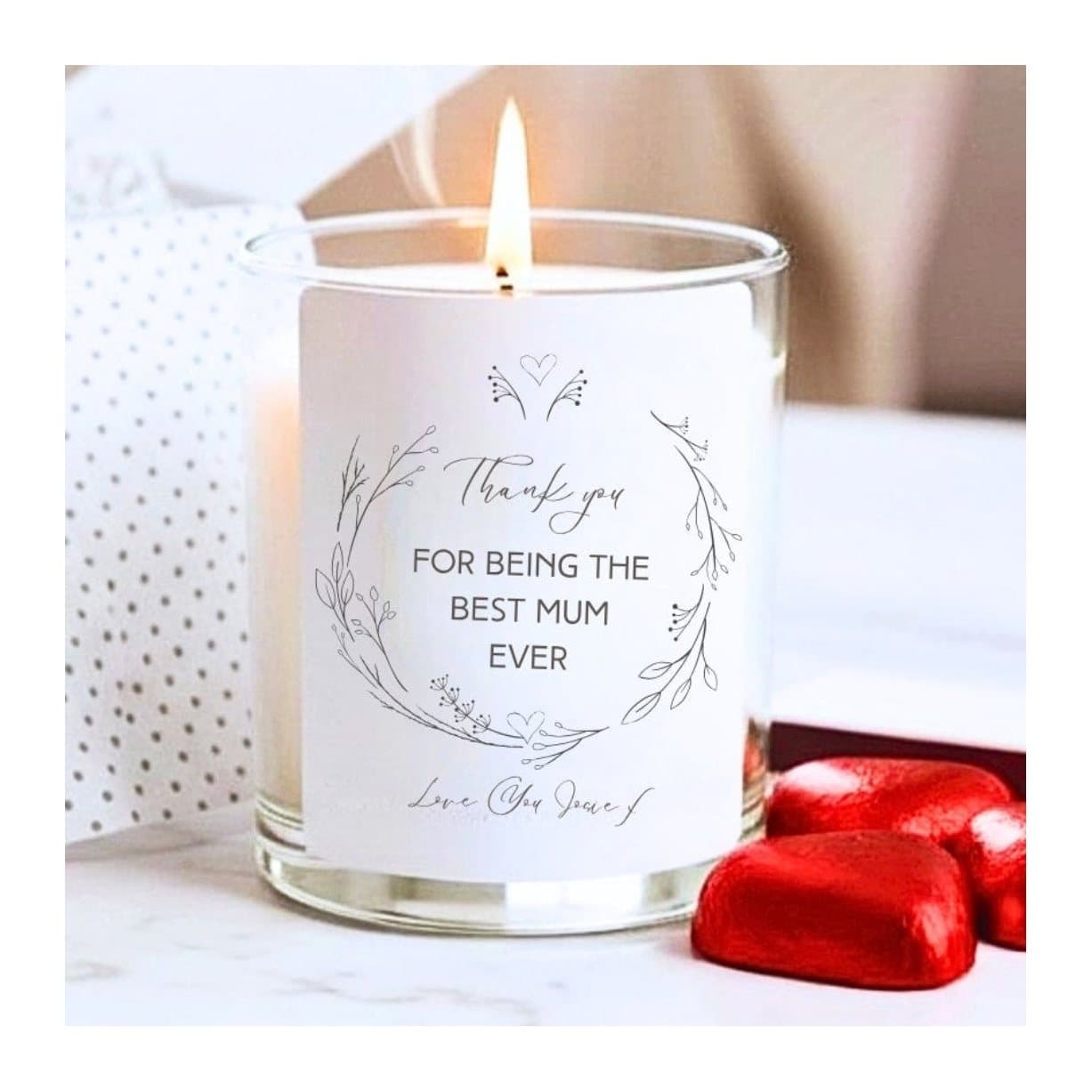 Personalised floral candle gift set with red foil milk chocolate hearts and matches