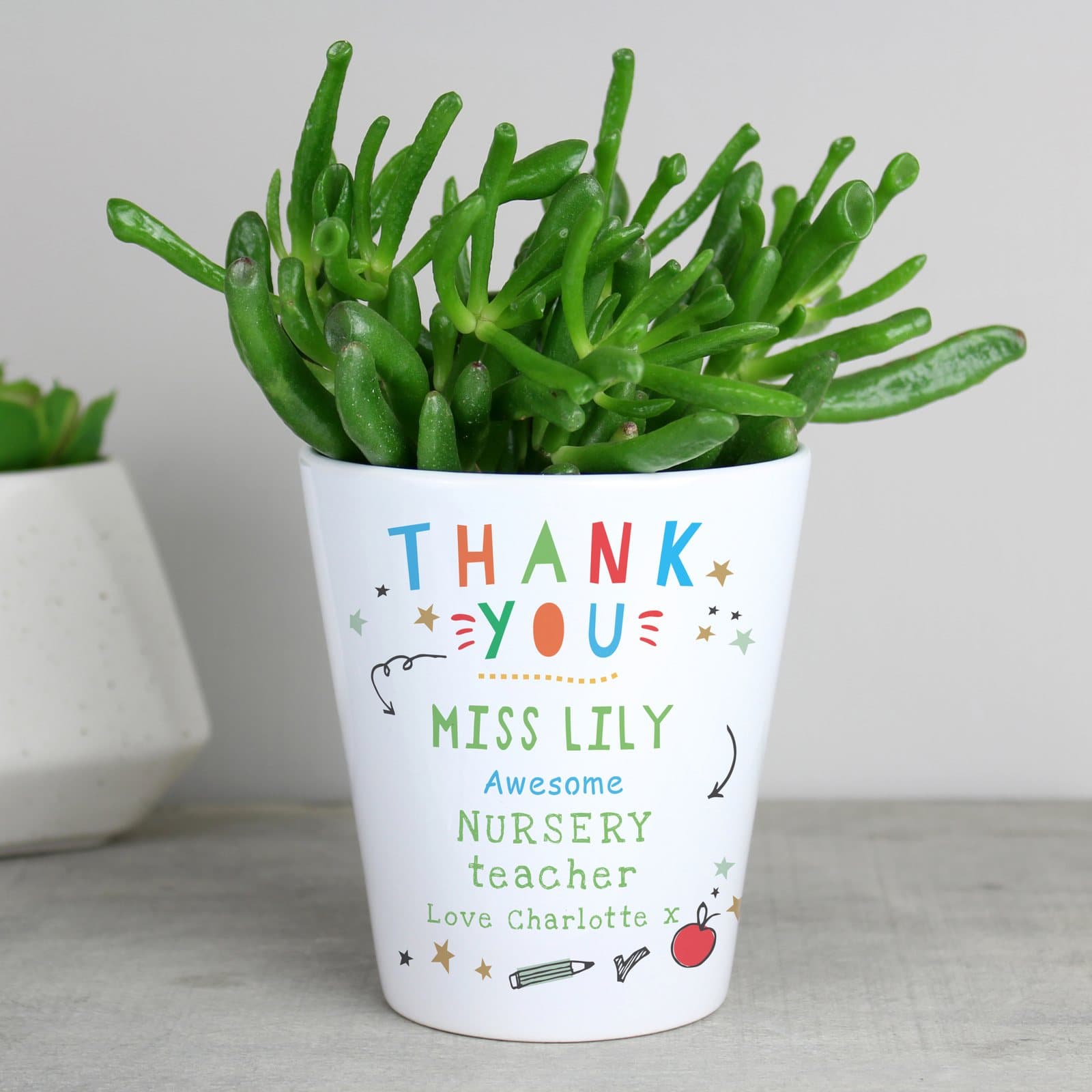 Ceramic plant pot with Thank you and personalised teacher text