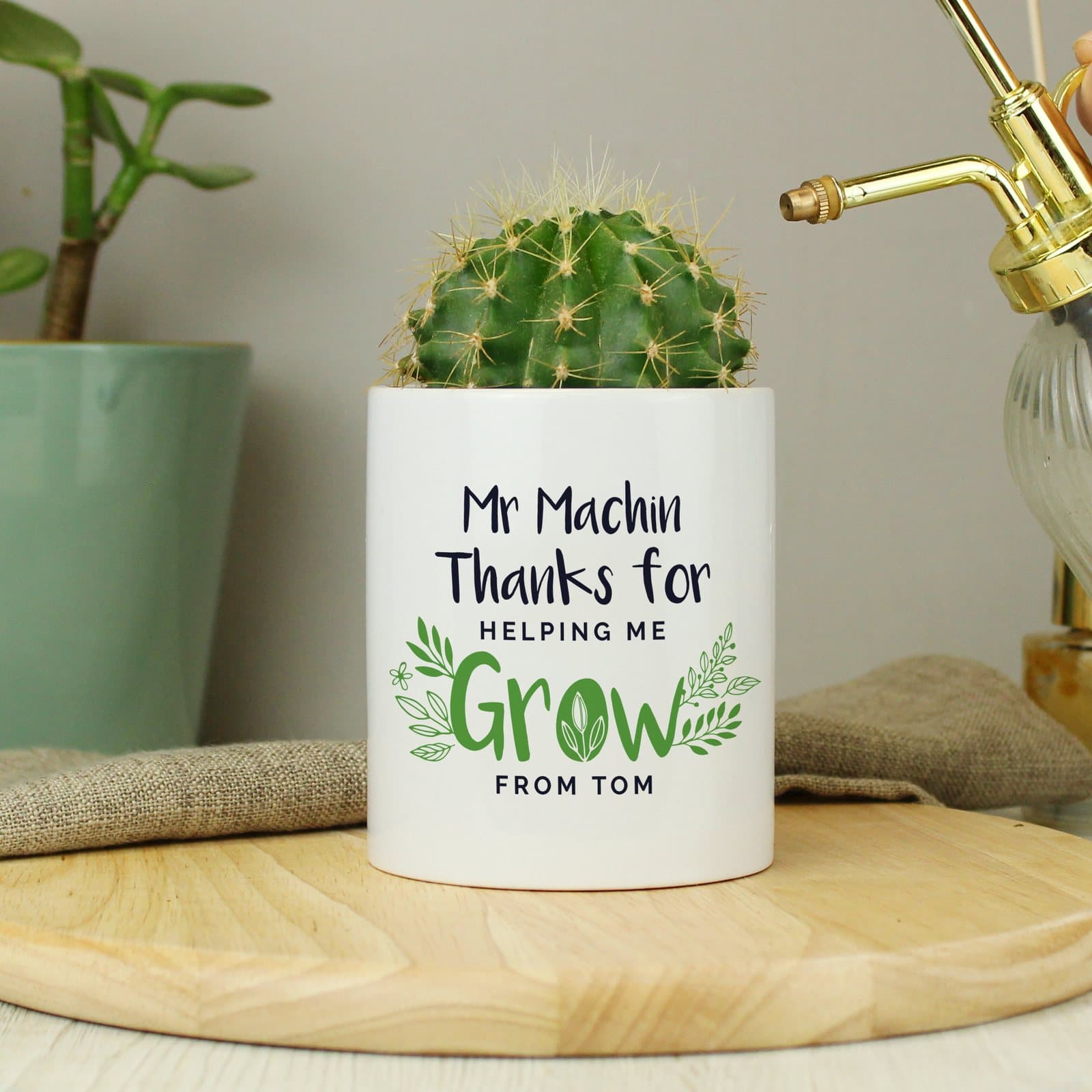 Ceramic storage pot with Thanks for helping me grow wording and personalised lines