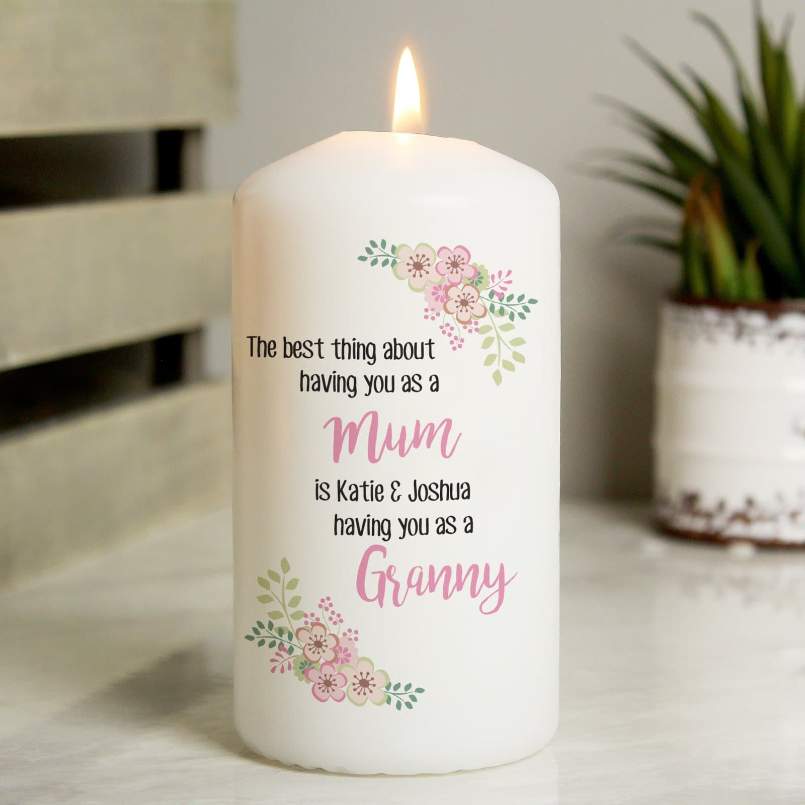 Personalised The Best Thing pillar candle in an organza bag