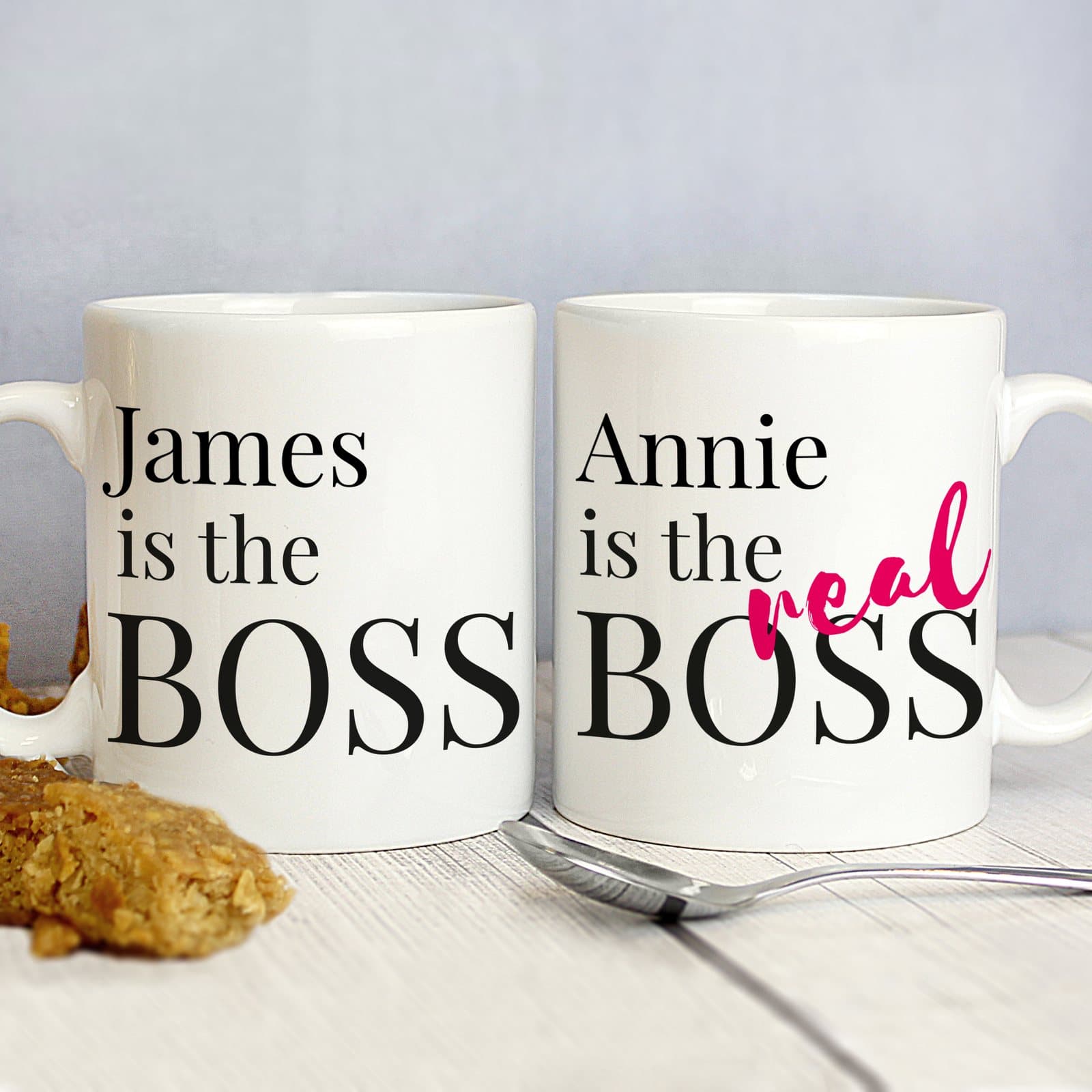 Personalised The Real Boss ceramic mug set with a name on each mug