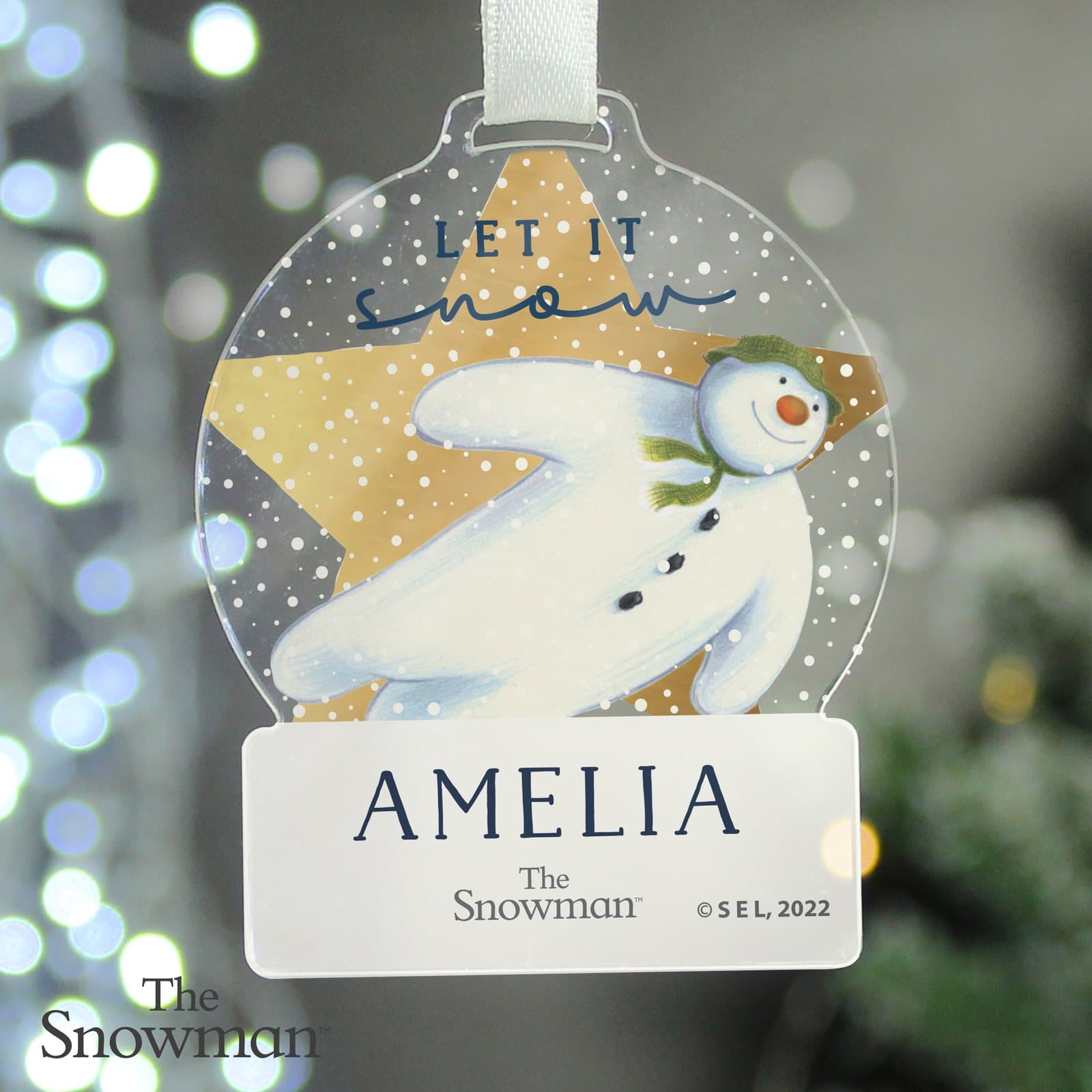 Acrylic snow globe Snowman decoration with a name and white ribbon