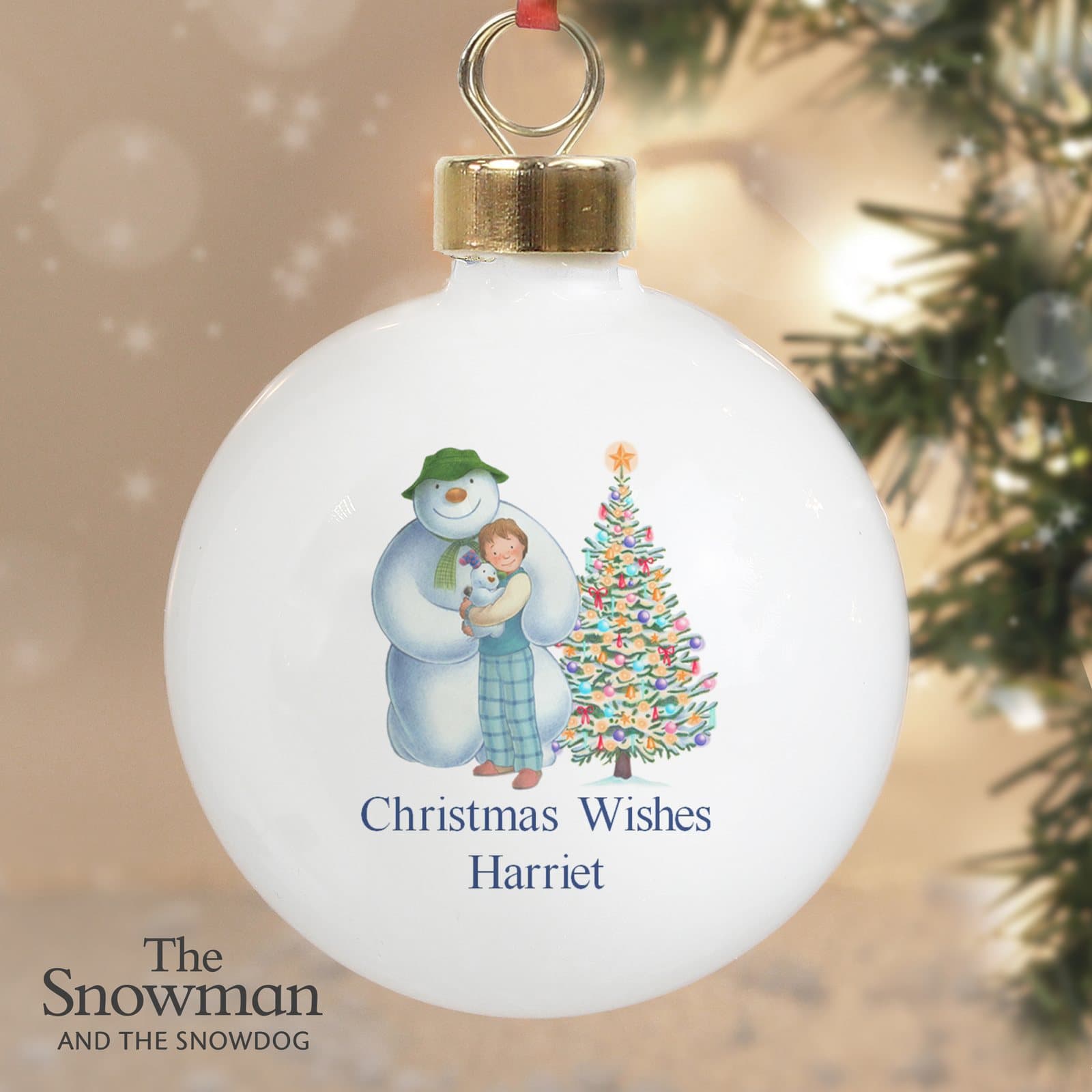 Snowman and Snowdog friends bauble with ribbon