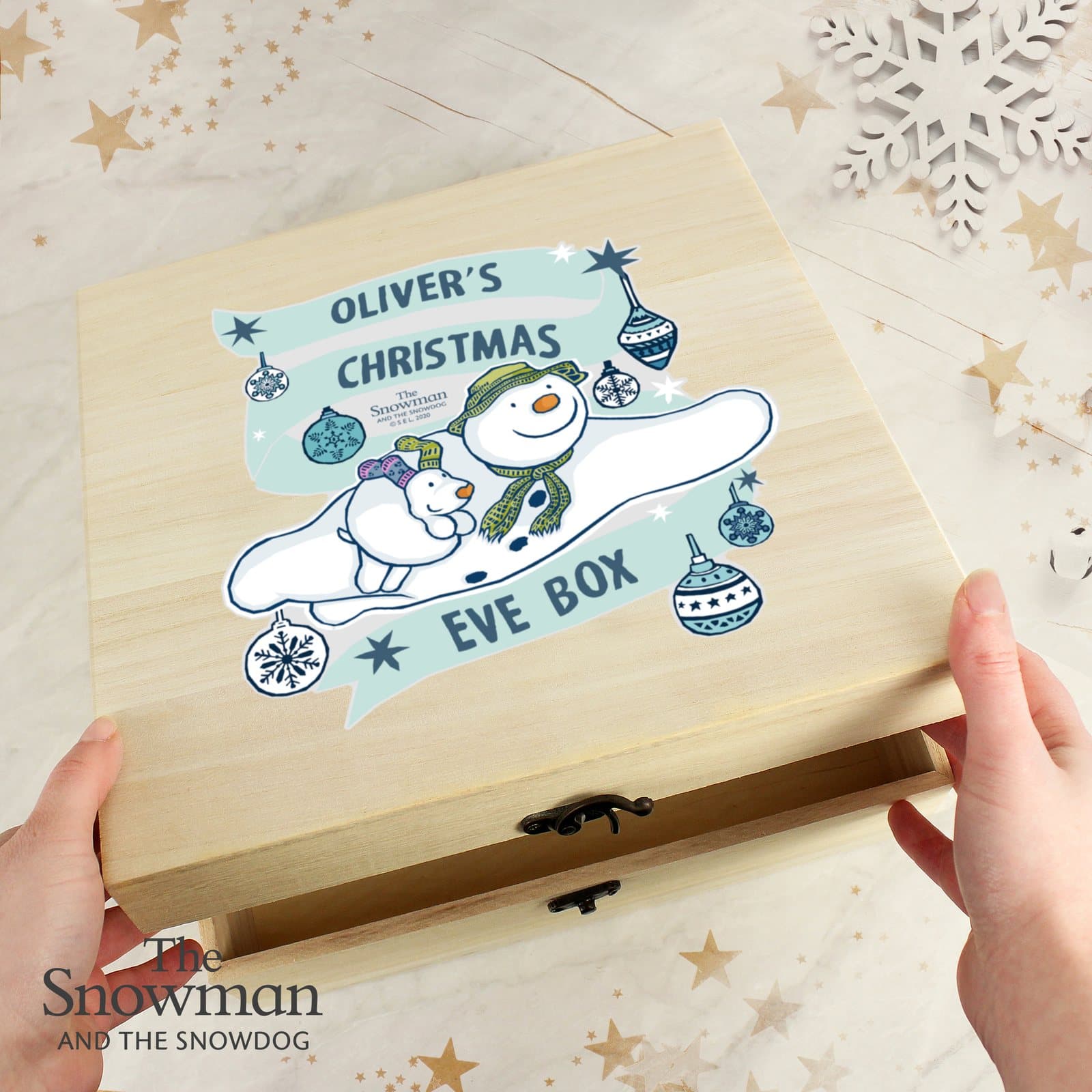 Large wooden personalised Christmas Eve box with The Snowman and the Snowdog theme