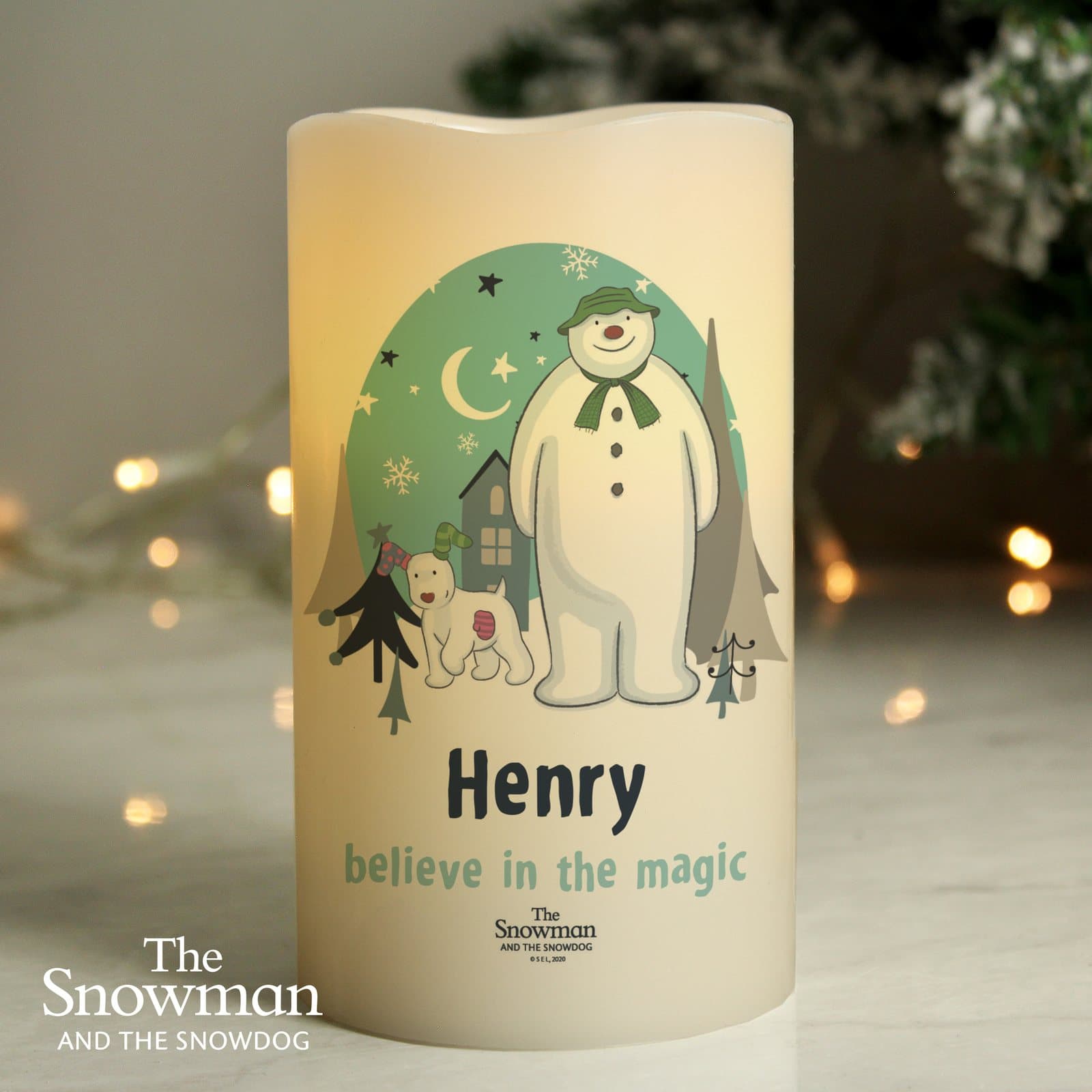 Snowman and Snowdog LED night light candle with a name and message