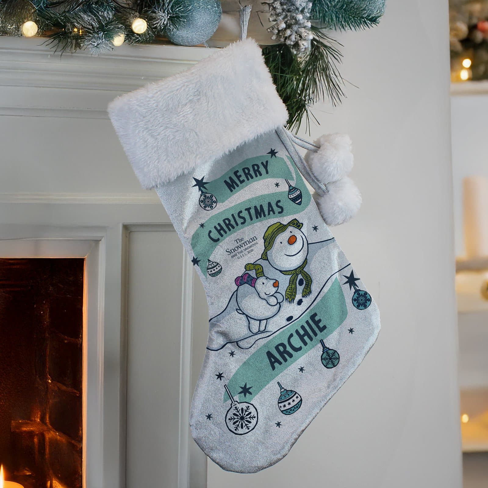 Silver grey Snowman and the Snowdog Christmas stocking