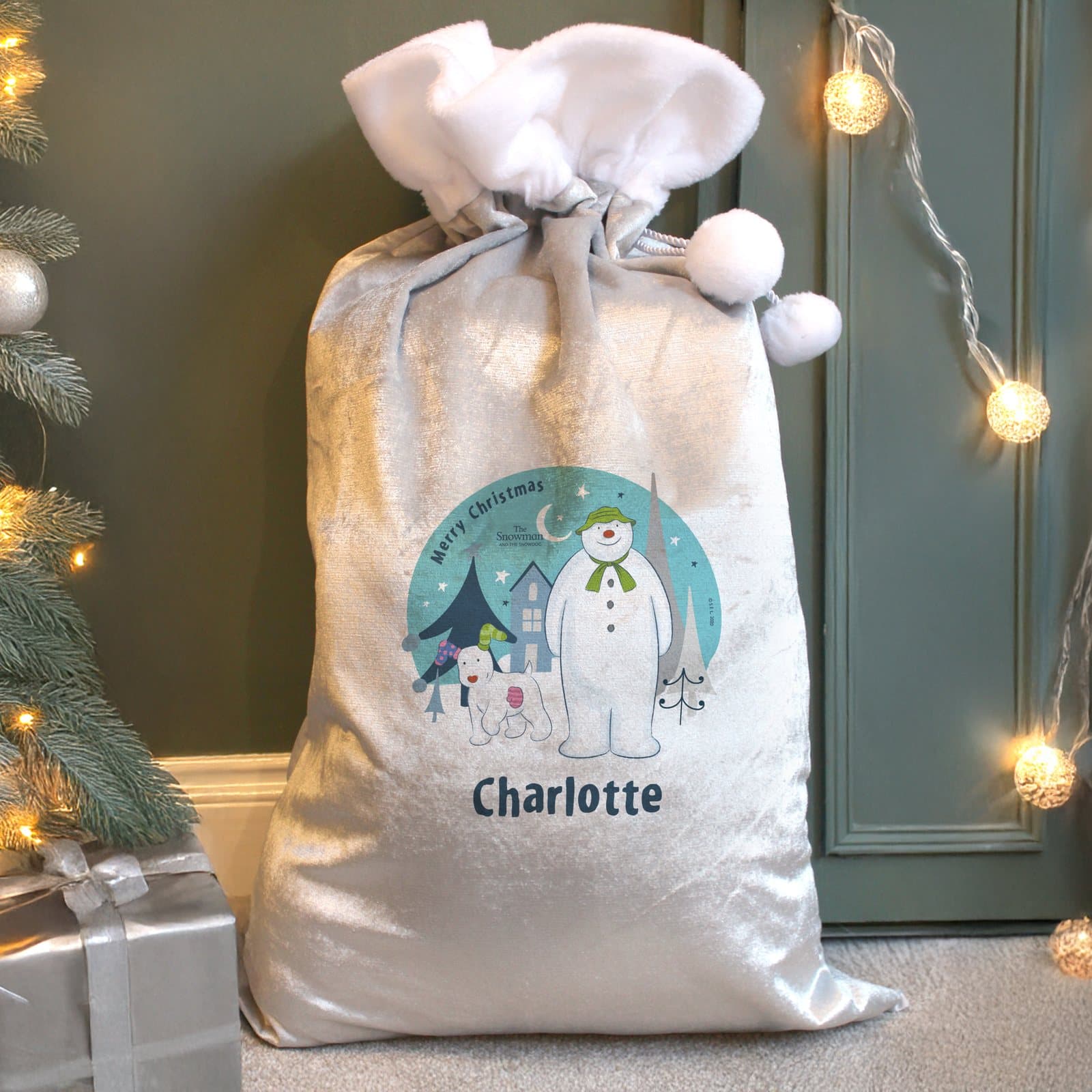 Grey fleece Snowman and the Snowdog Christmas sack with pom pom