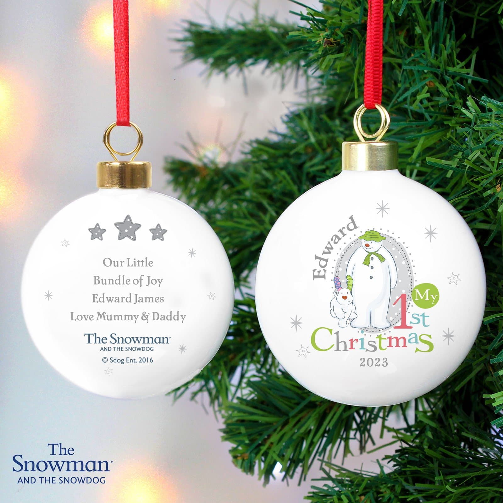The Snowman and the Snowdog My 1st Christmas bauble with ribbon