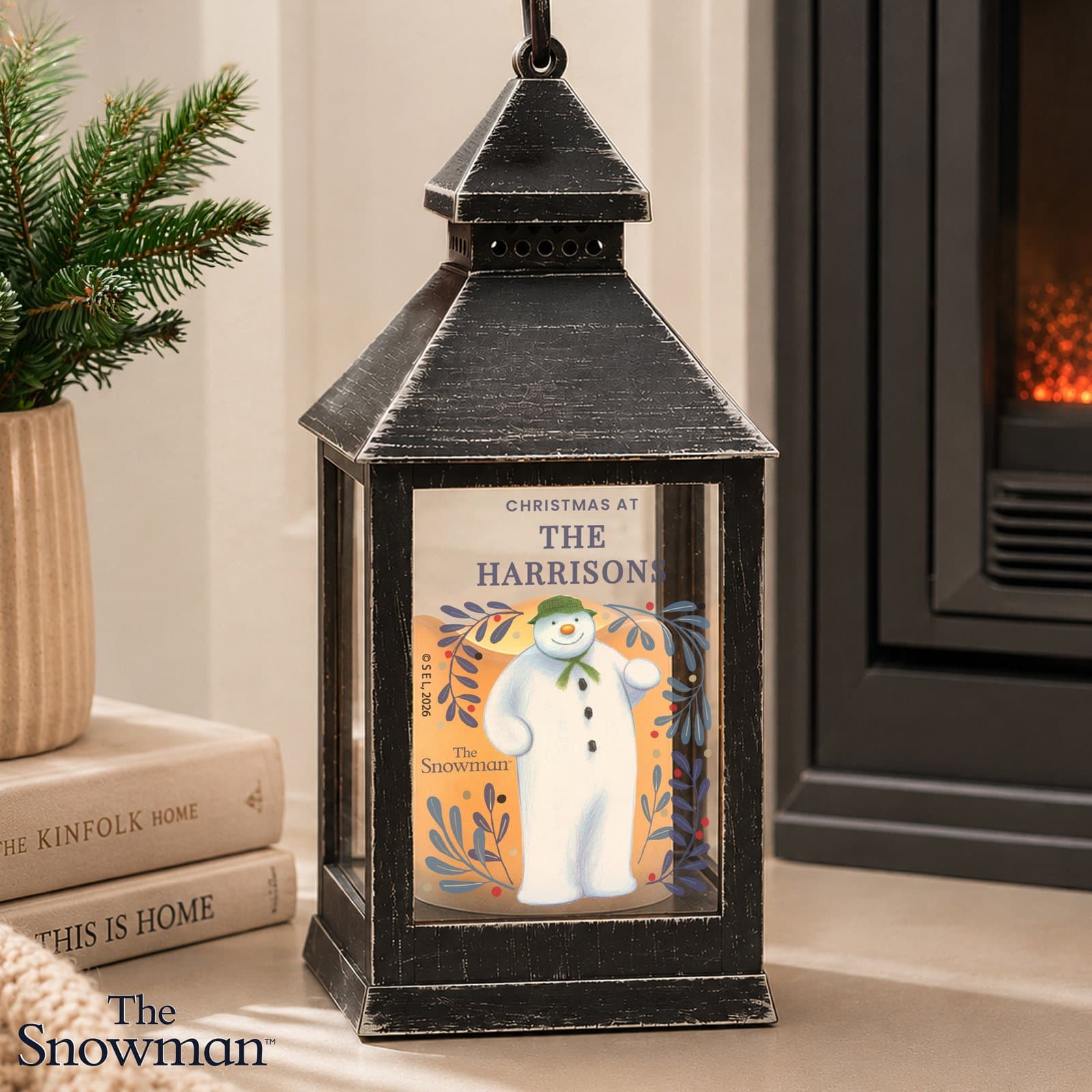 Black LED lantern with The Snowman design and personalised text