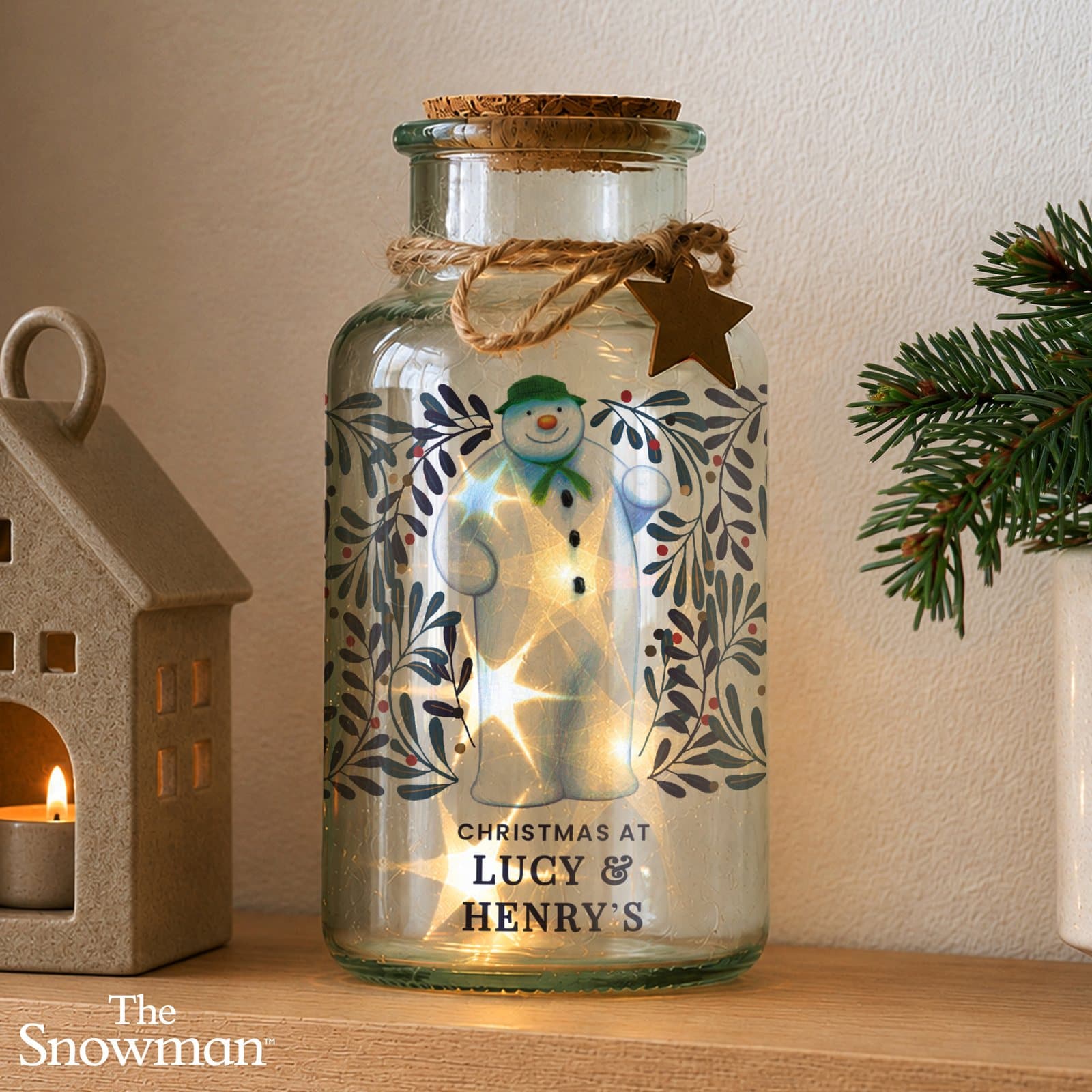 The Snowman glass LED jar personalised with three lines of text