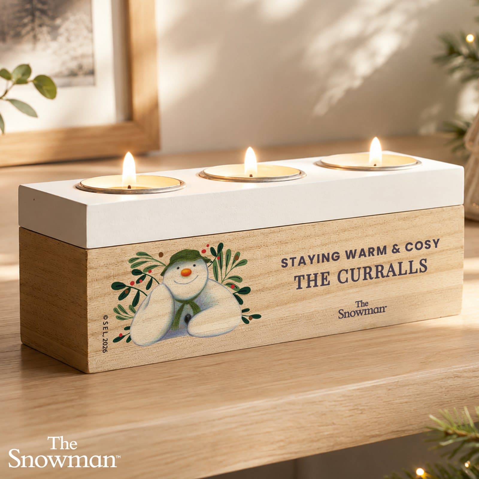 Wooden Snowman triple tealight holder with personalised text