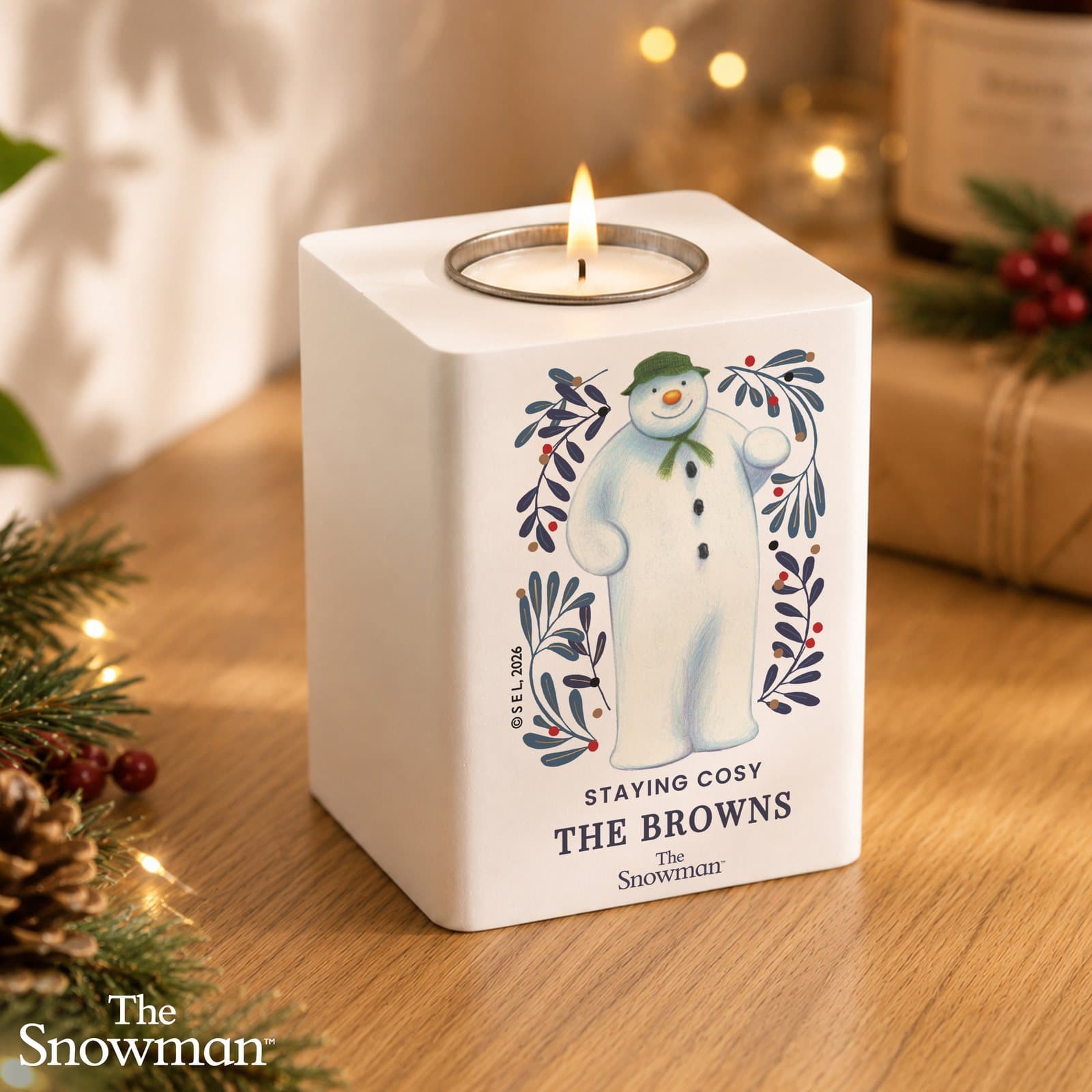 White wooden Snowman tealight holder with personalised text