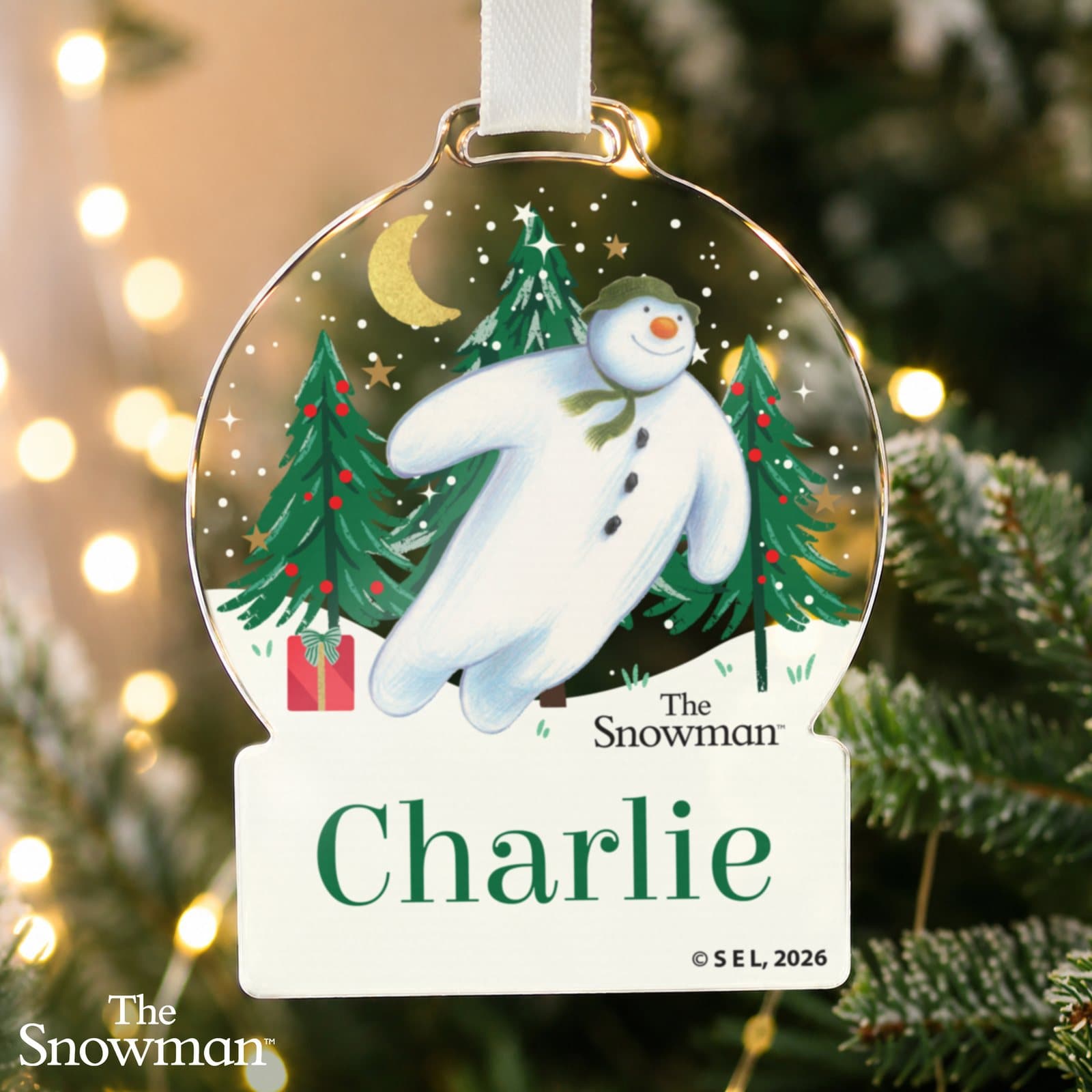 Acrylic Snowman snow globe decoration with a name and white ribbon