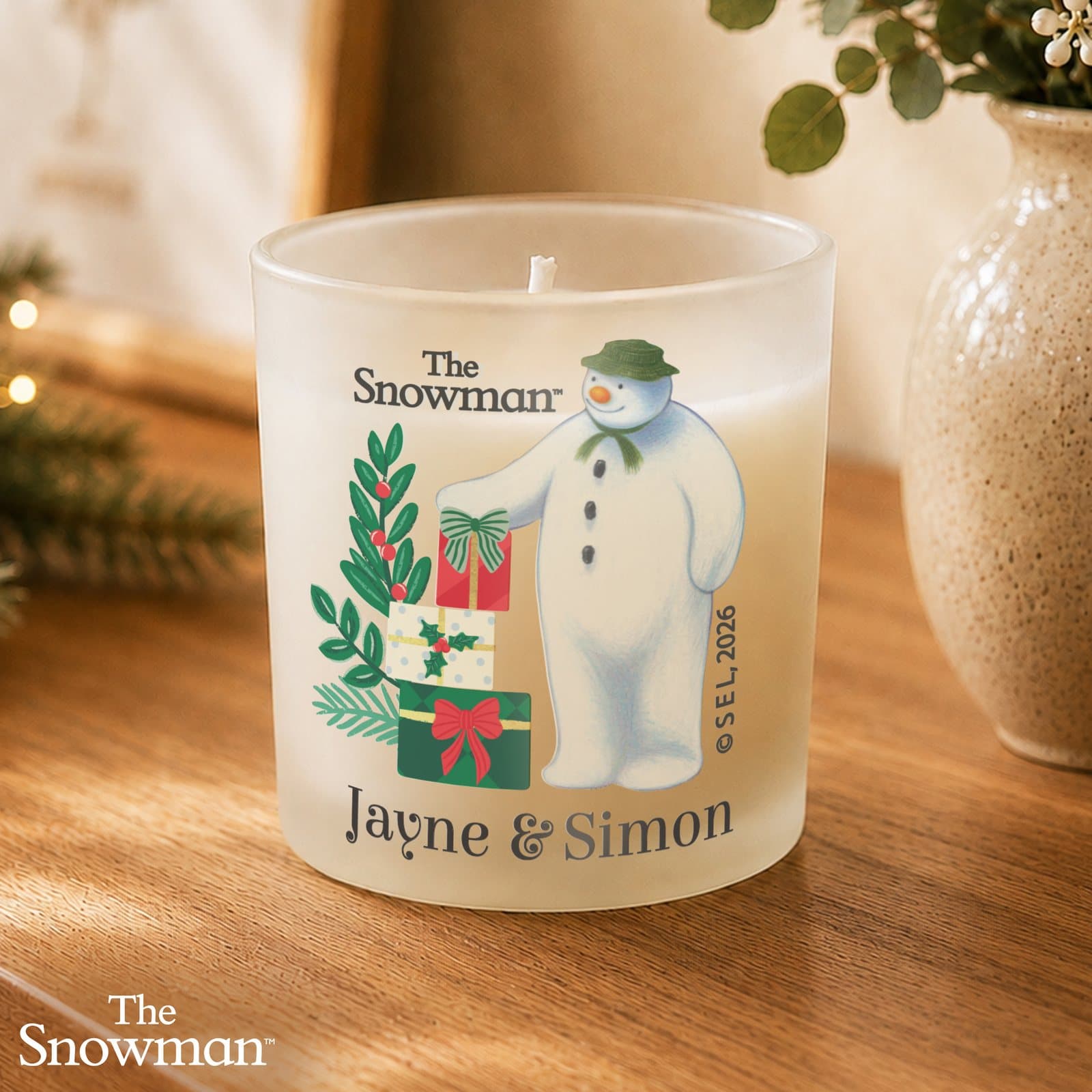 Personalised Snowman Christmas Wishes scented glass jar candle with label