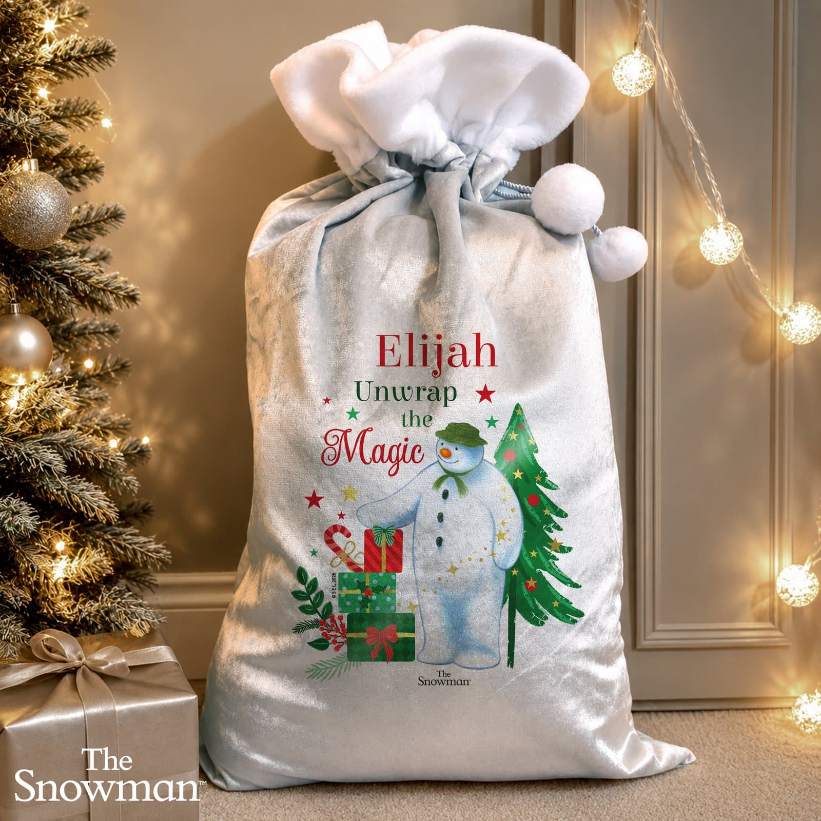 Grey fleece The Snowman Christmas wishes sack