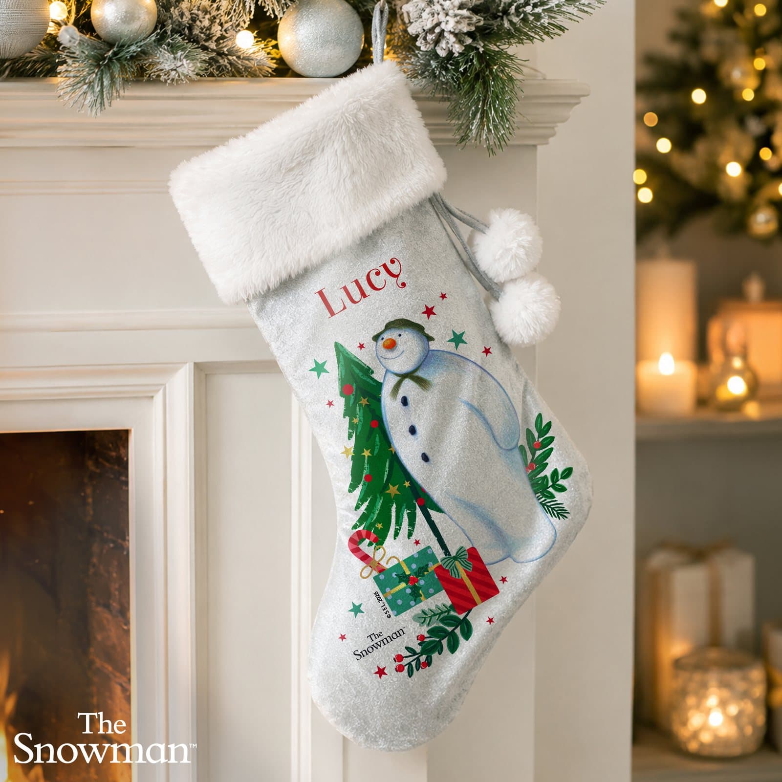 Velvet The Snowman Christmas stocking with a plush white cuff