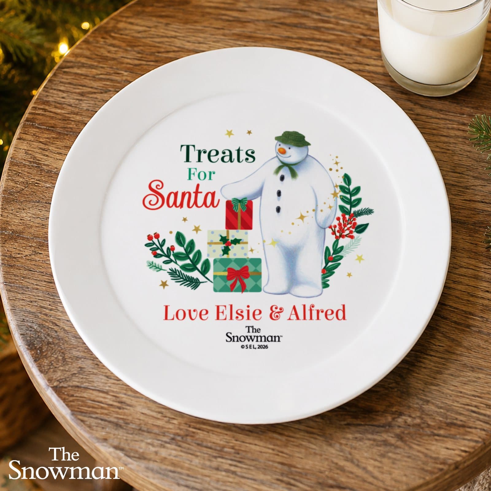 The Snowman Treats for Santa plastic plate with a personalised line