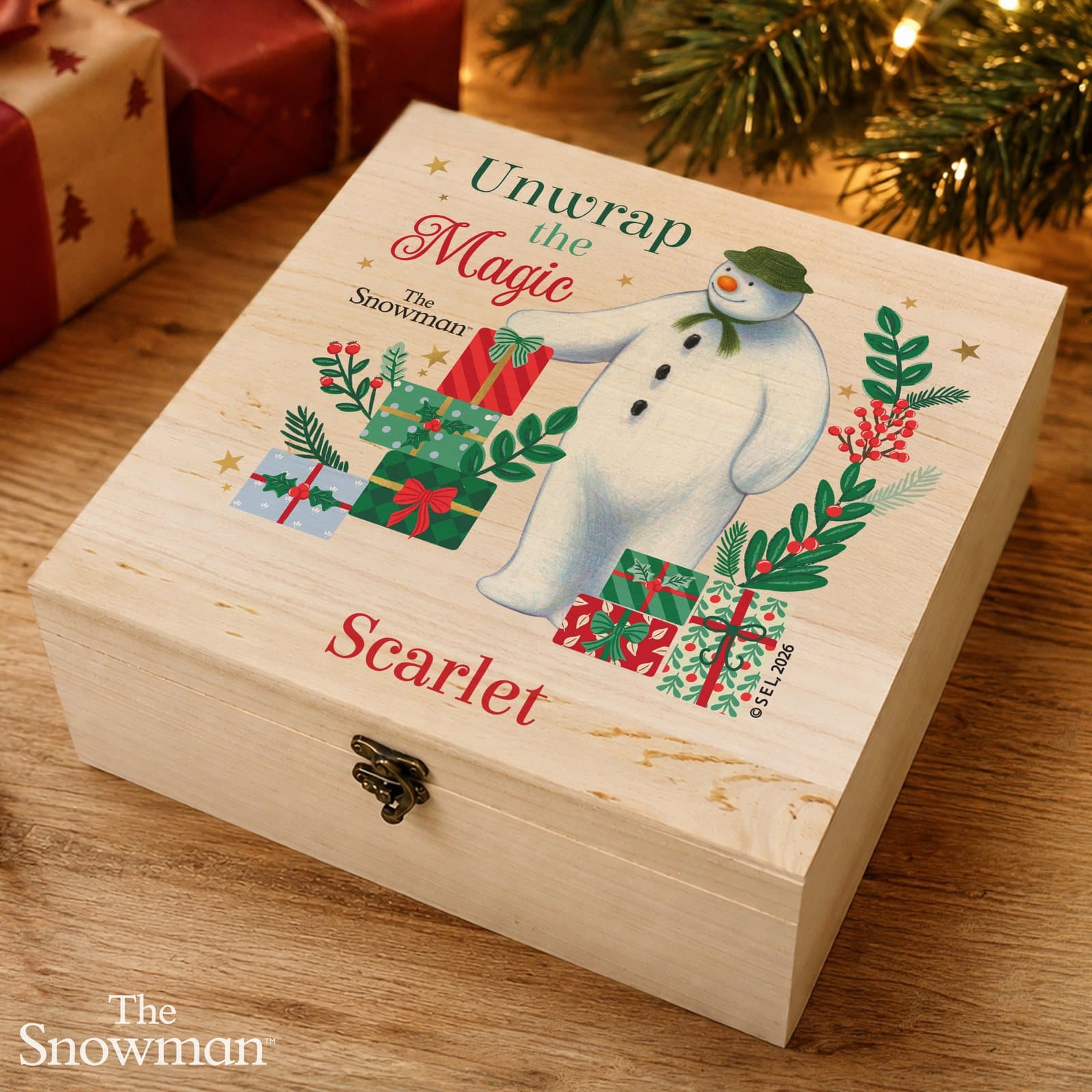 Large wooden Snowman Christmas Eve box with a metal clasp and a name