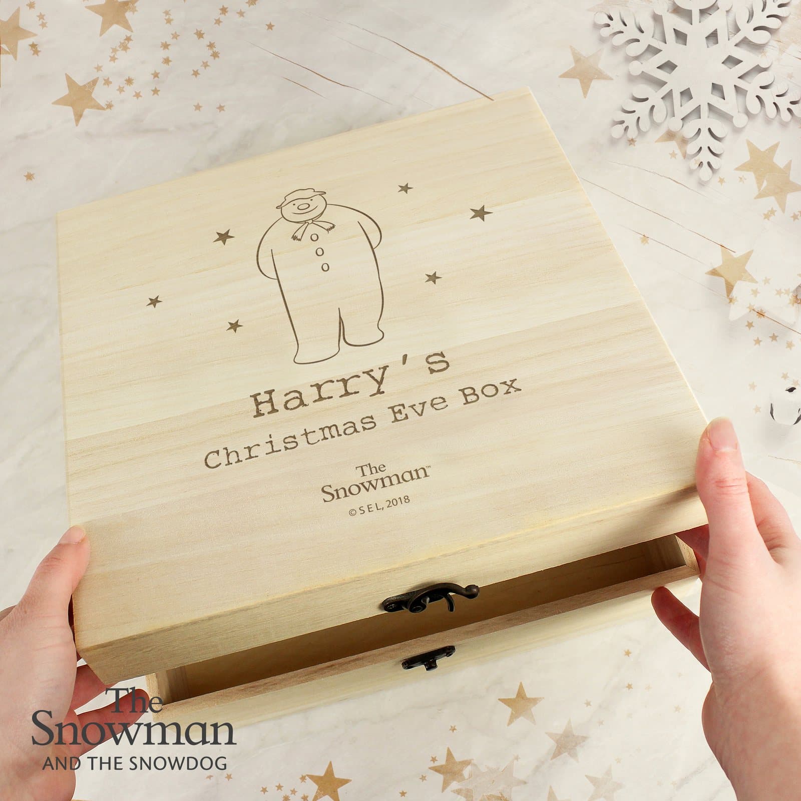 Wooden Snowman Christmas Eve box with a name and metal clasp