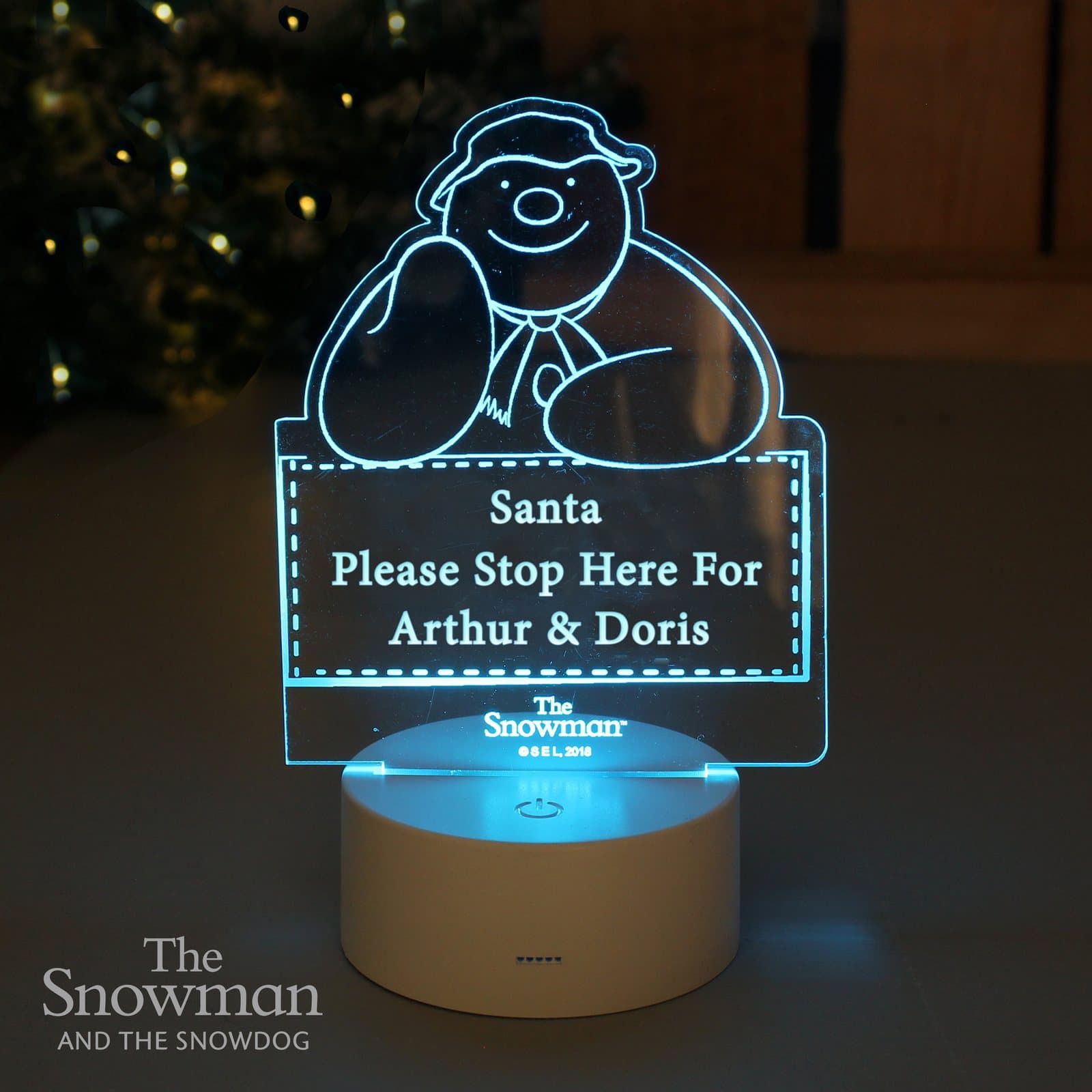 Acrylic Snowman LED light with three lines of personalised text